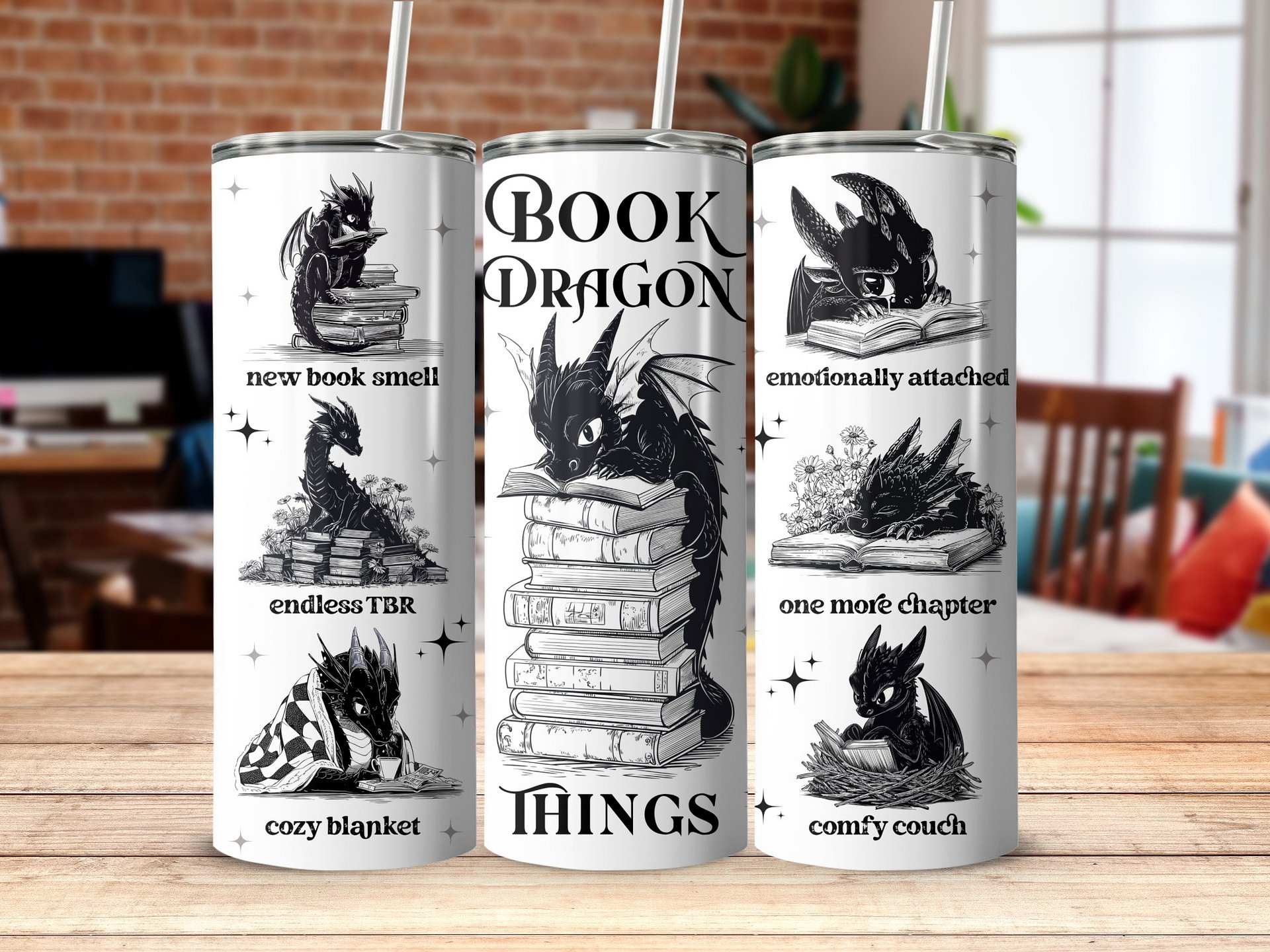 Romantasy Gothic Black White Book Dragon Tumbler PNG 20oz Tumbler Full Wrap PNG, 20 oz Seamless Sublimation Design, Instant Digital Download product image (5)