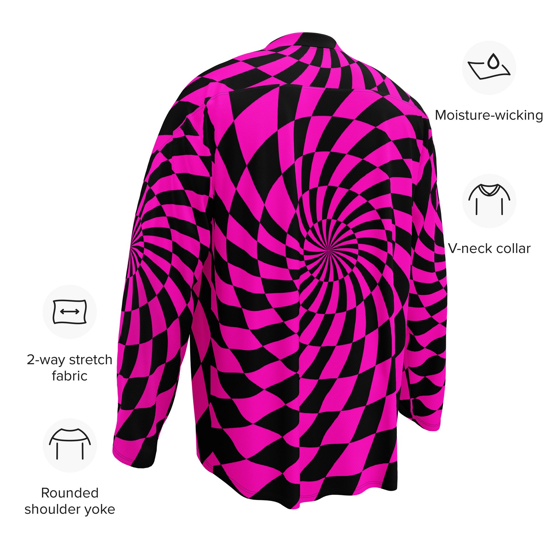 Psychedelic Rave EDM Hockey Jersey, Hot Pink Black Checkers Swirl Shirt, Trippy Techno Top Festival Fashion, Comfy Dance Party Clothing product image (10)