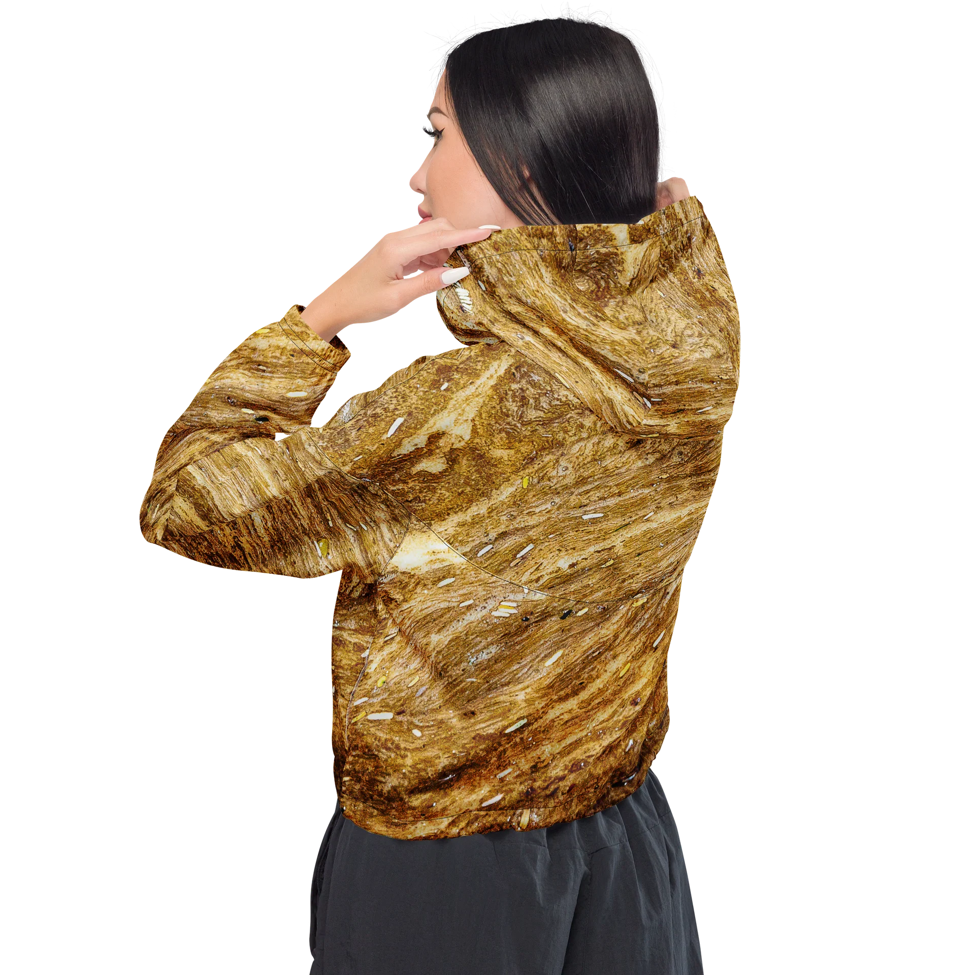 Golden Strata Women's All-Over Print Layered Amber Cropped Windbreaker product image (3)