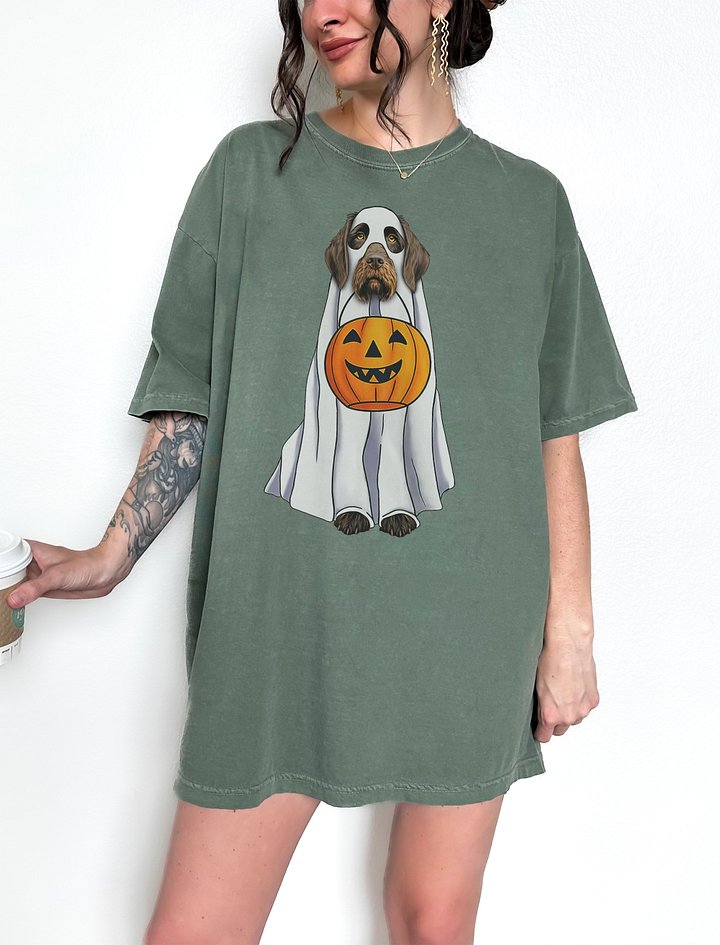 German Wirehaired Pointer Halloween Tee | Funny Halloween GWP Wearing a Ghost Costume with Pumpkin Basket product image (2)