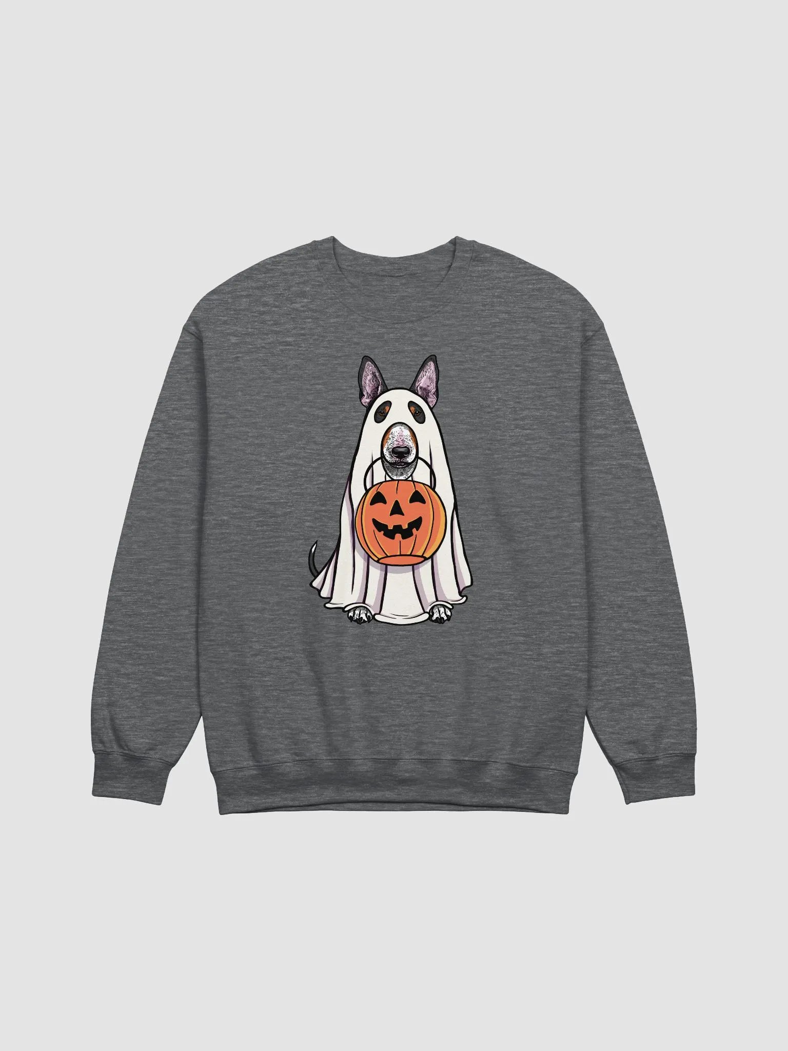 Funny Halloween Bull Terrier(Tricolor) Sweatshirt | Funny Dog Wearing a Ghost Costume and Holding a Pumpkin Basket product image (1)