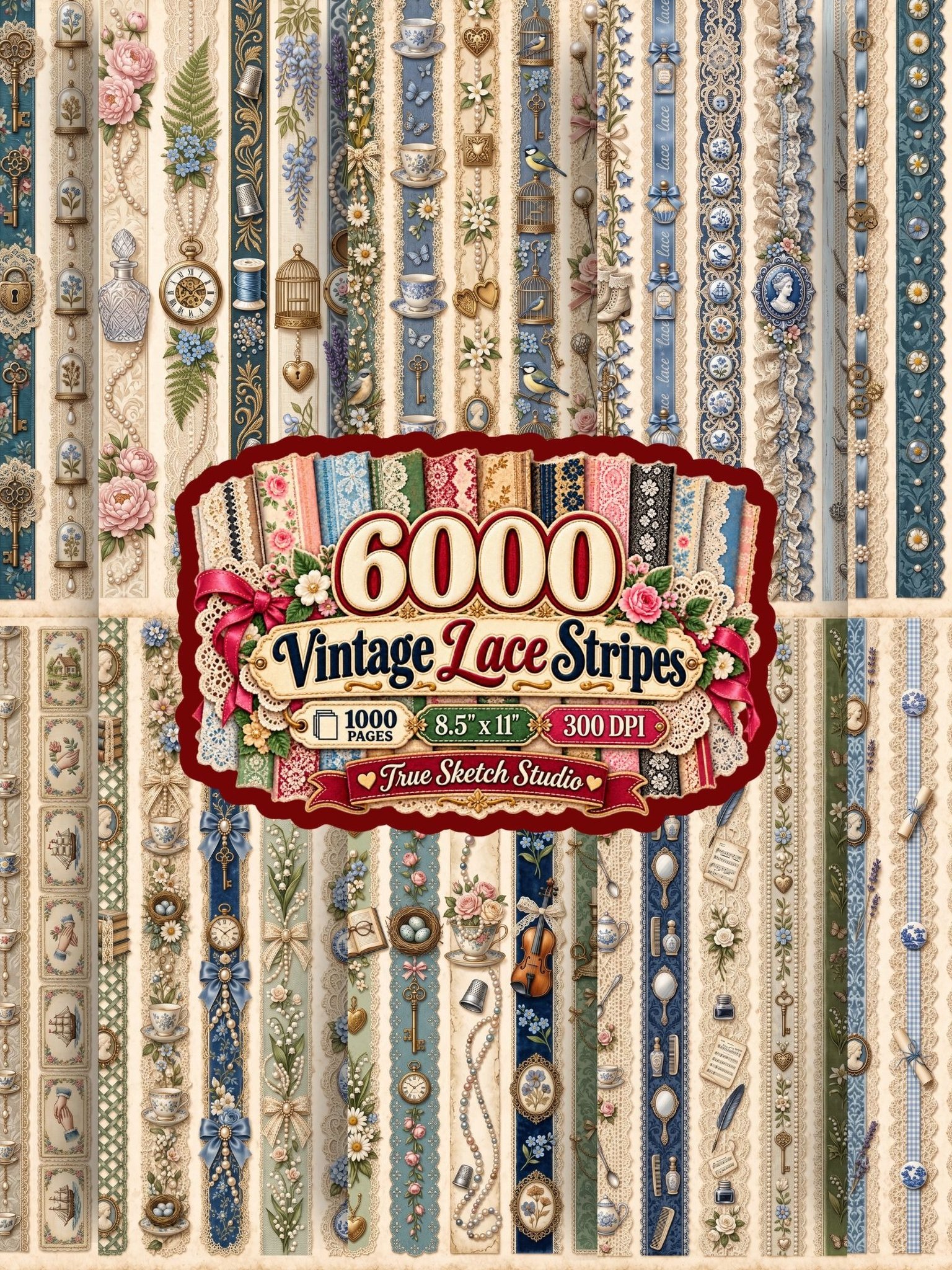 6000 Vintage Lace Strips, Printable Junk Journal Trim, Shabby Chic Ephemera, Rose Scrapbook Borders, 1000 JPG Pages, 8.5x11 Digital Download product image (8)
