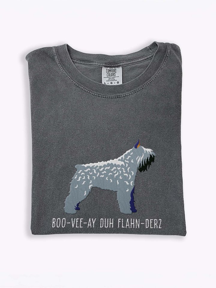 Boo-Vee-Ay Duh Flahn-Derz T-Shirt(Embroidered) of a Bouvier des Flandres(Gray, Cropped Ears) product image (1)