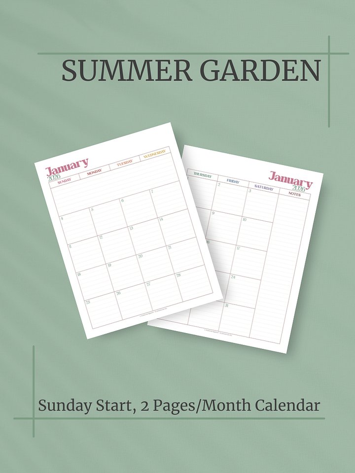Summer Garden 2026 Calendar - 2 Pages per Month, Sunday Start, Letter Size product image (1)