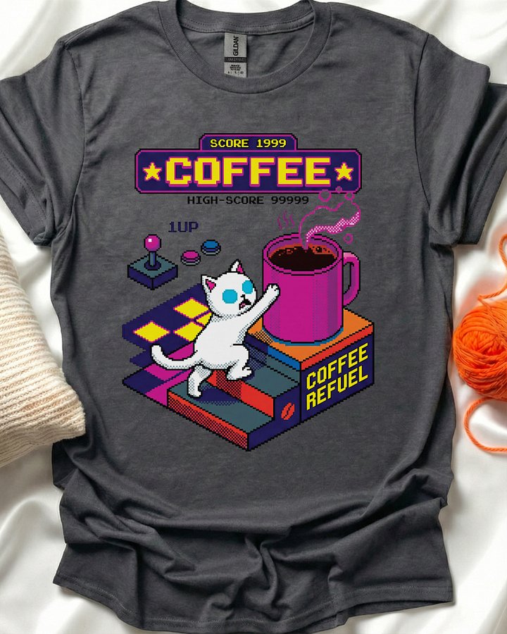 Pixel Coffee Cat Arcade T-Shirt product image (1)