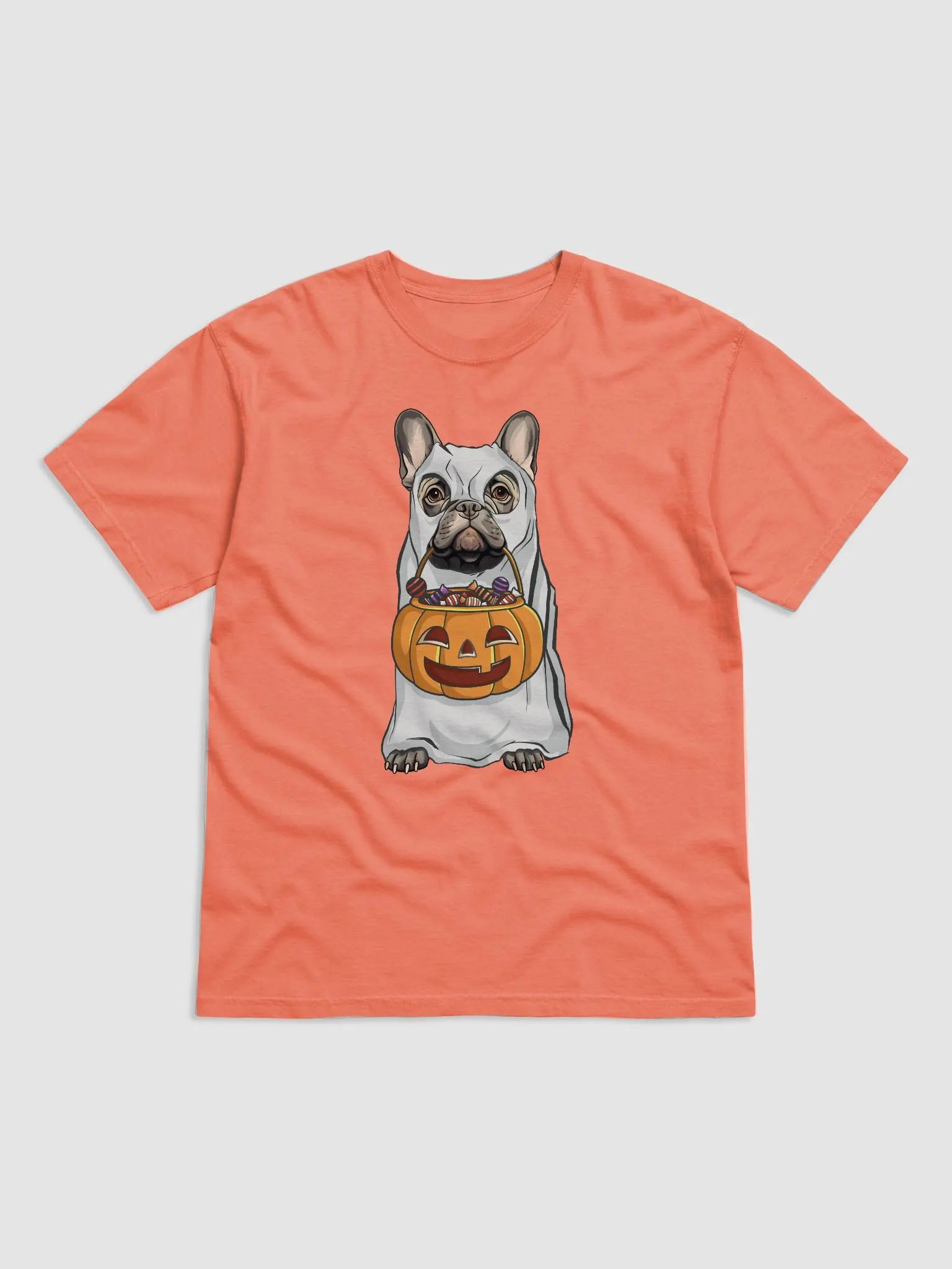 French Bulldog(Blue) Halloween Tee | Funny Fall Halloween Frenchie Wearing a Ghost Costume with Pumpkin Basket product image (1)