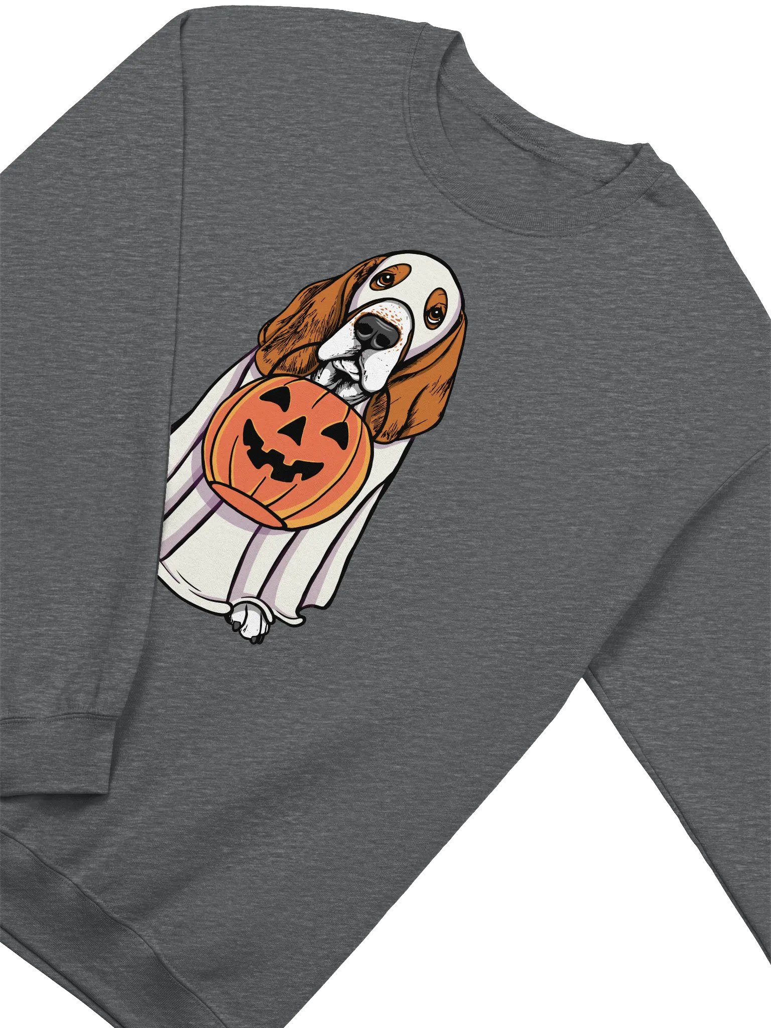 Funny Halloween Basset Hound Sweatshirt | Funny Basset Hound Wearing a Ghost Costume and Holding a Pumpkin Basket product image (4)