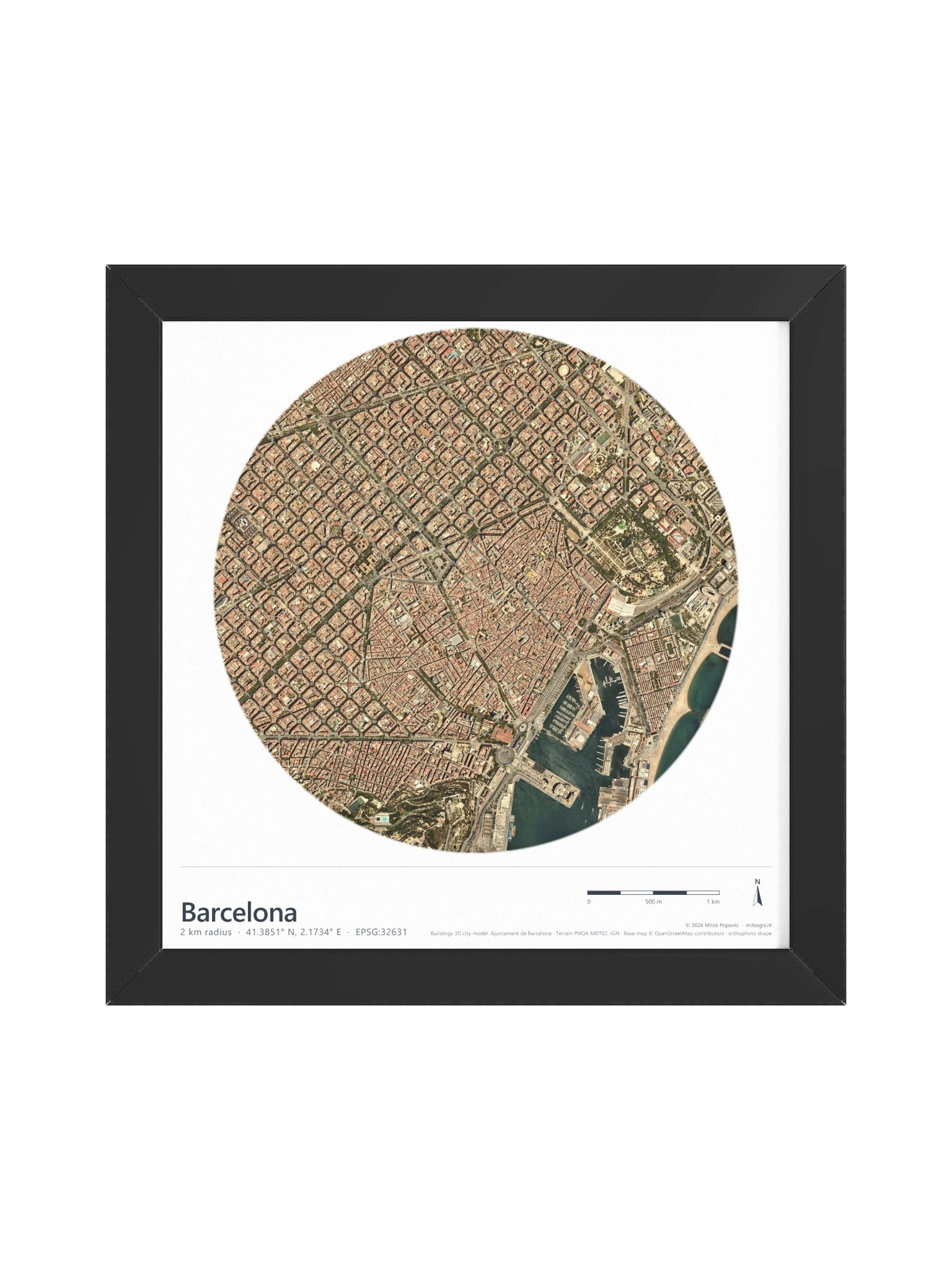 Barcelona Aerial: Path-Traced 3D City Map · Framed Matte Poster product image (1)