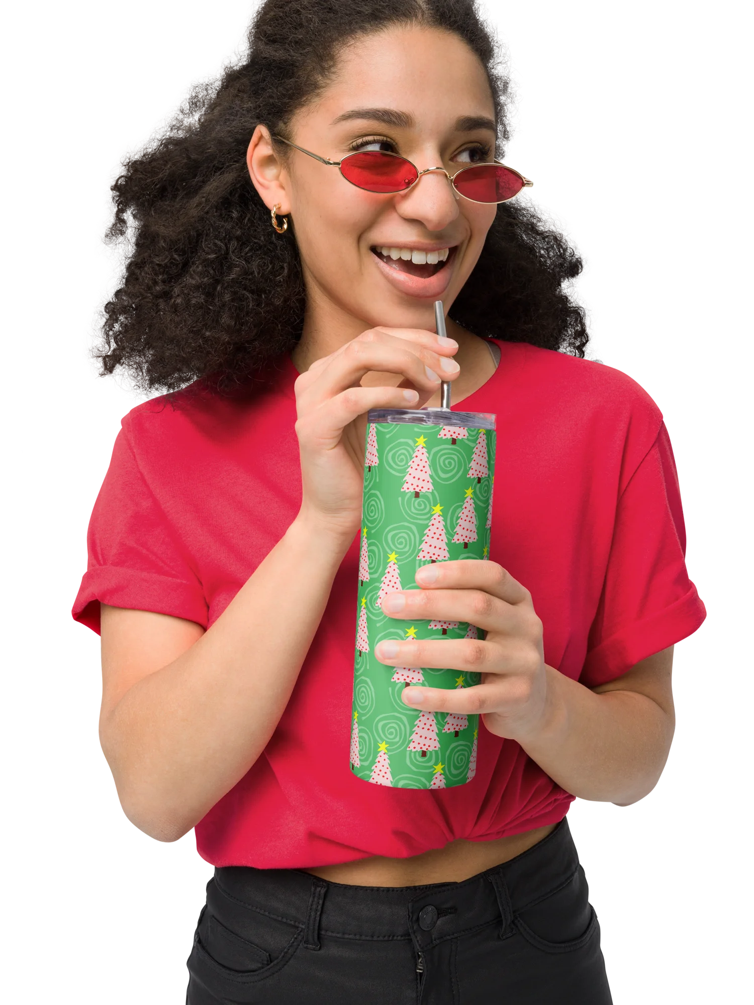 Pink Christmas Trees on Green Spirals Stainless Steel Tumbler with Straw product image (7)