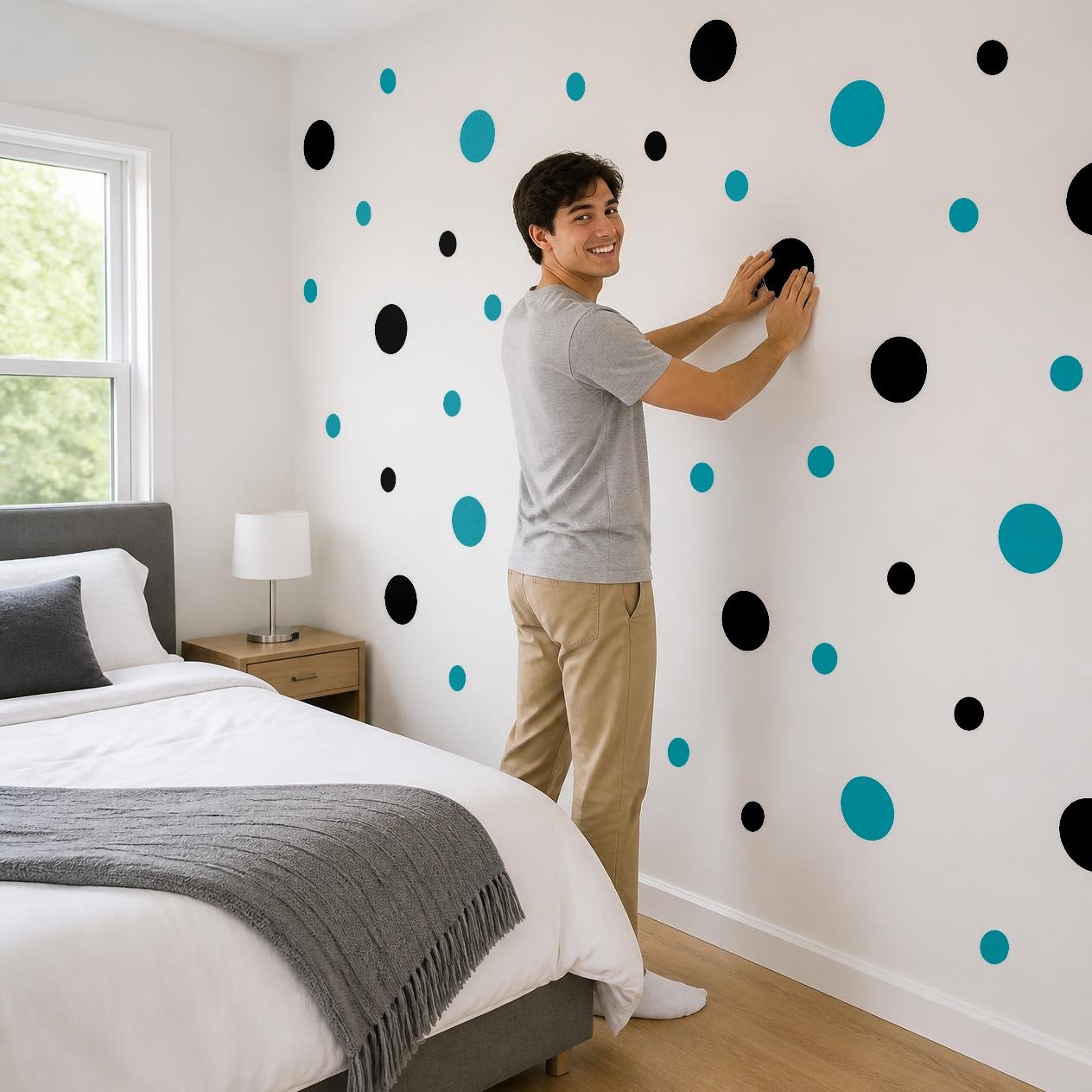 Black and Turquoise Polka Dot Wall Decals, 2" and 4" Vinyl Circle Stickers, Removable Dot Decals for Nursery, Kids Room, Playroom product image (4)
