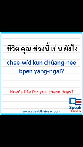 🎶Learn Thai song: I wanna know you more🎶
✍️ ชีวิต คุณ ช่วงนี้ เป็น ยังไง
chee-wíd kun chûang-née bpen yang-ngai
How’s life fo...