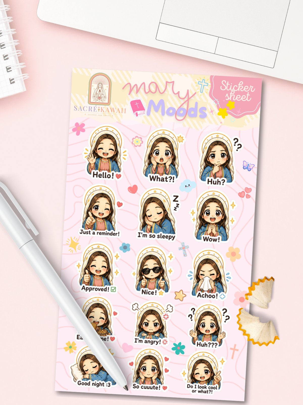 Chibi Mary Moods Sticker Sheet | Matte Vinyl Journal Stickers (15 Mini Expressions) product image (3)