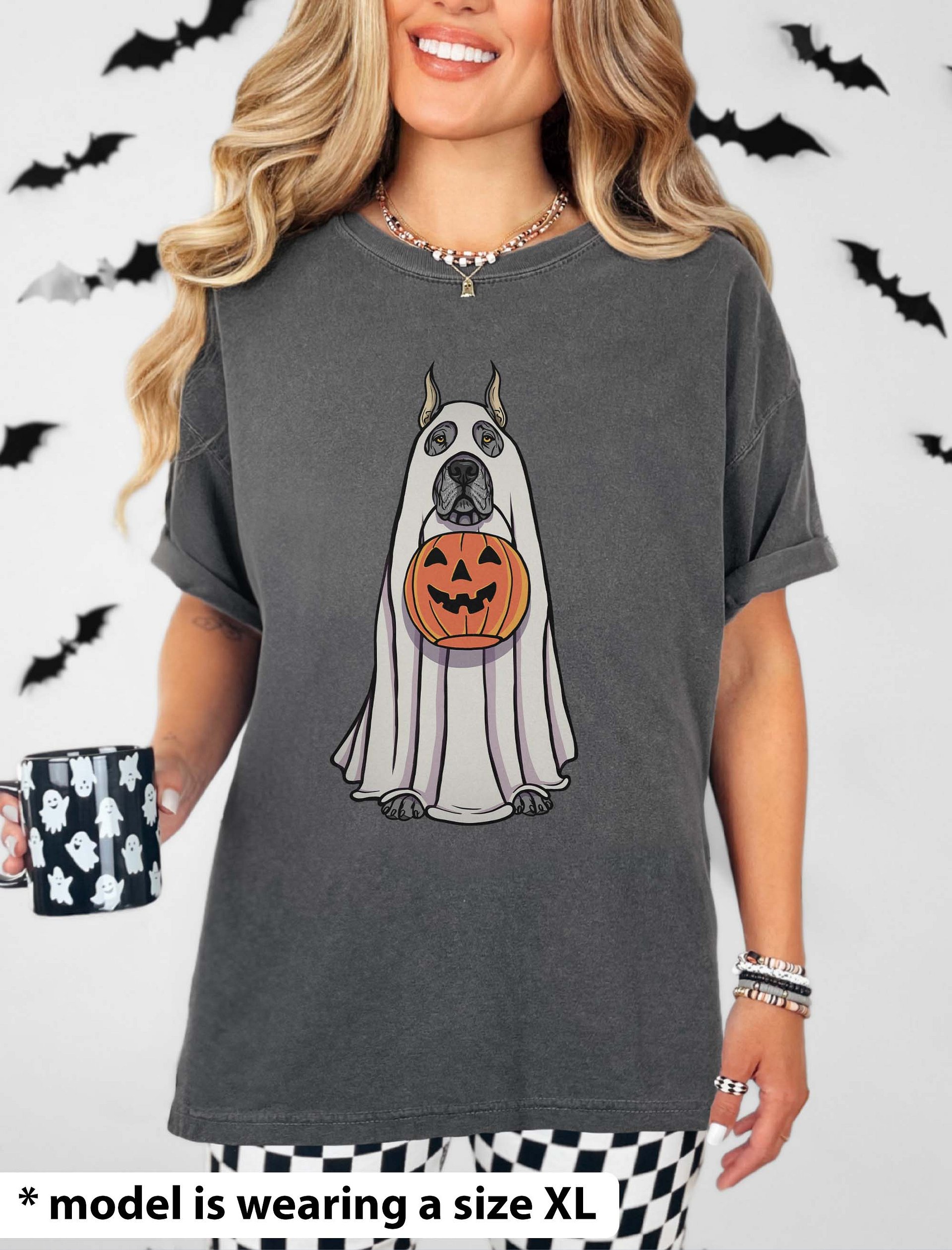 Funny Halloween Great Dane(Cropped Ears, Gray) T-Shirt | Funny Great Dane Wearing a Ghost Costume and Holding a Pumpkin Basket product image (2)