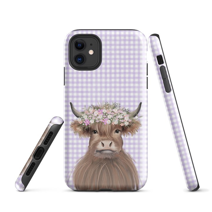Floral Highland Cow Tough iPhone® Case Lavender Gingham Cottagecore Statement product image (2)