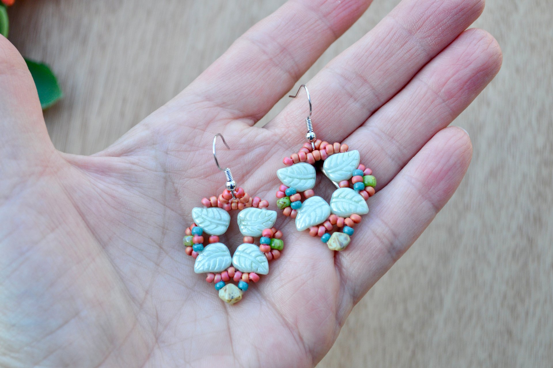 Light Green Beaded Leaf Earrings With Frosted Opaque Miyuki Seed Beads product image (2)