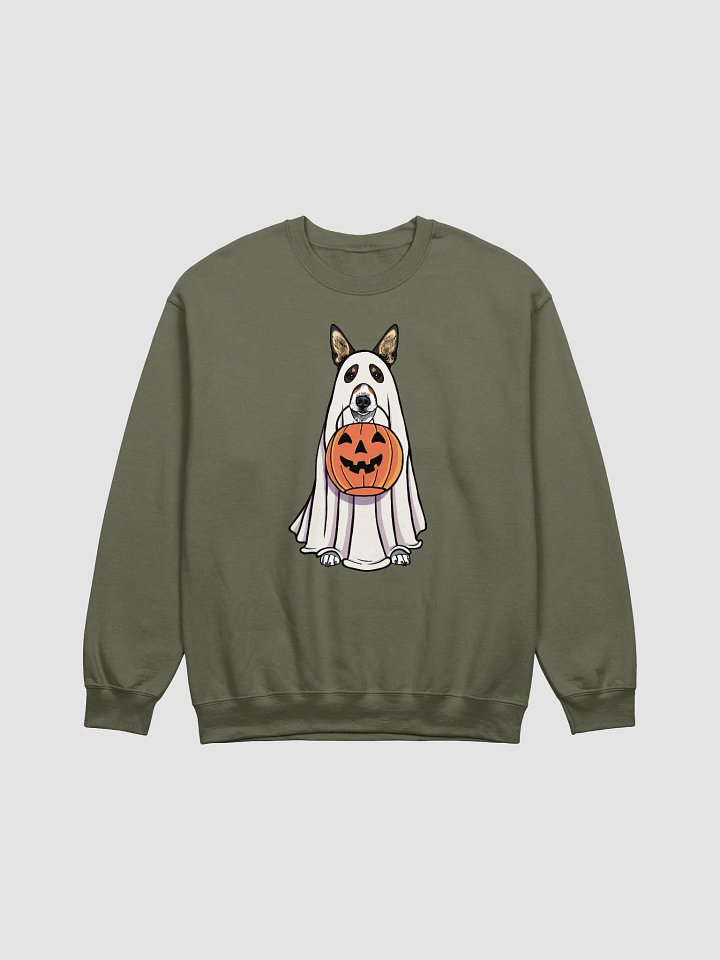 Funny Halloween Basenji(Tricolor) Sweatshirt | Funny Basenji Wearing a Ghost Costume and Holding a Pumpkin Basket product image (1)