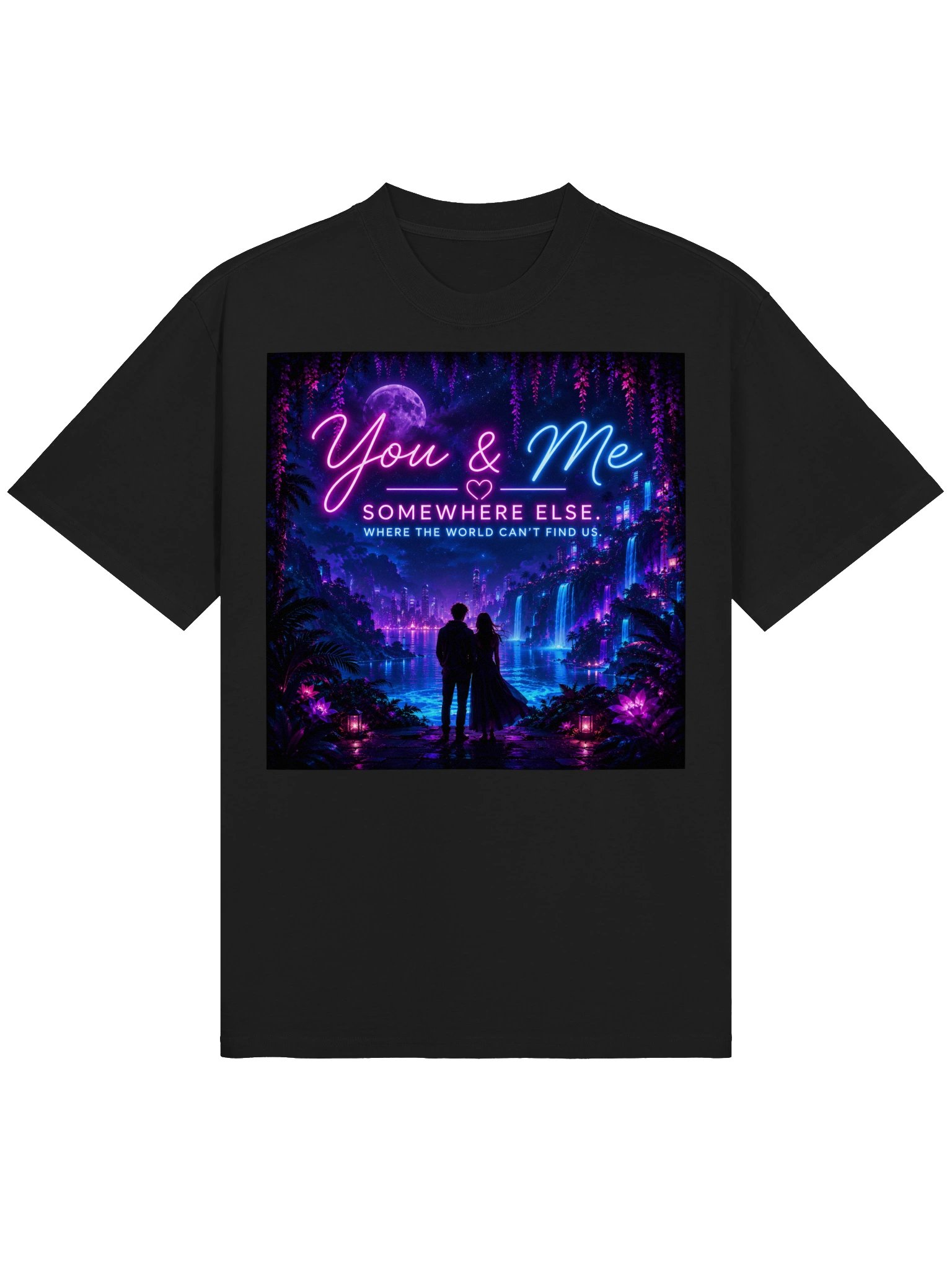 You & Me Against the World Neon Cyberpunk Love Poster, Romantic Couple Fantasy Wall Art product image (2)