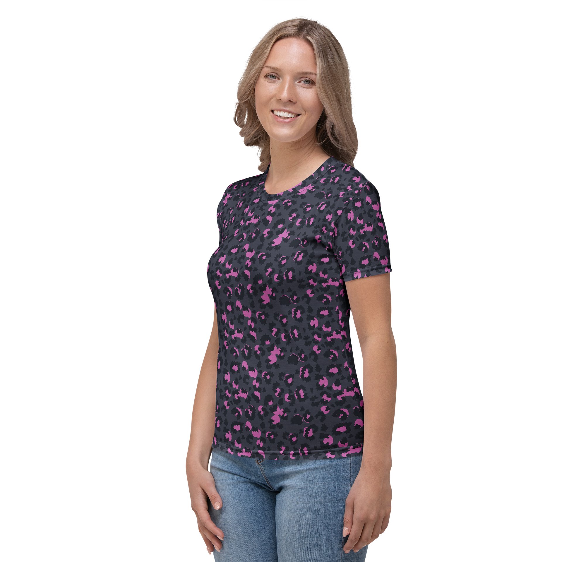 Pink Leopard Print Women's Crew Neck T-Shirt product image (3)