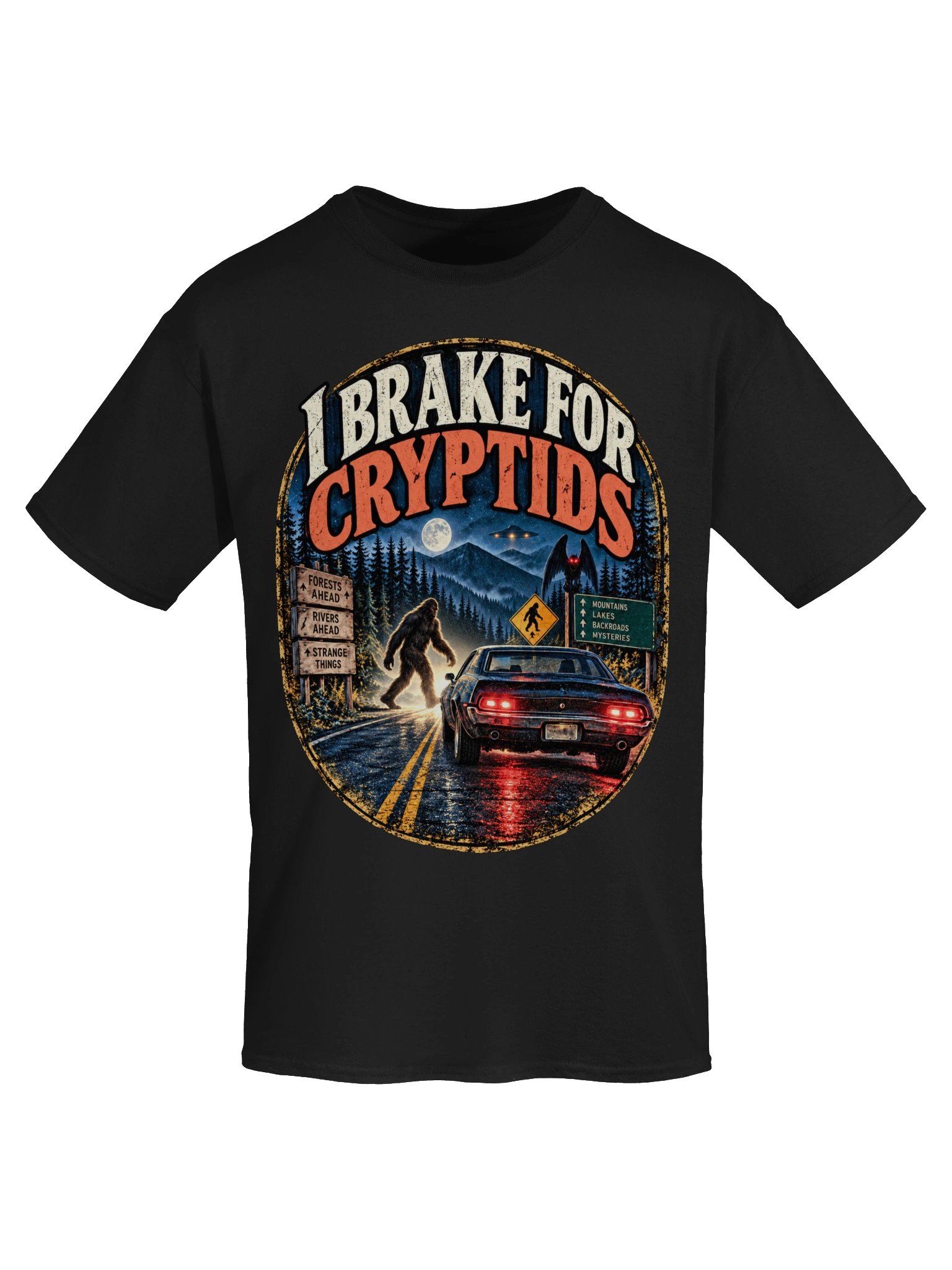 I Brake for Cryptids T-Shirt – Bigfoot & Mothman Road Trip Tee product image (3)