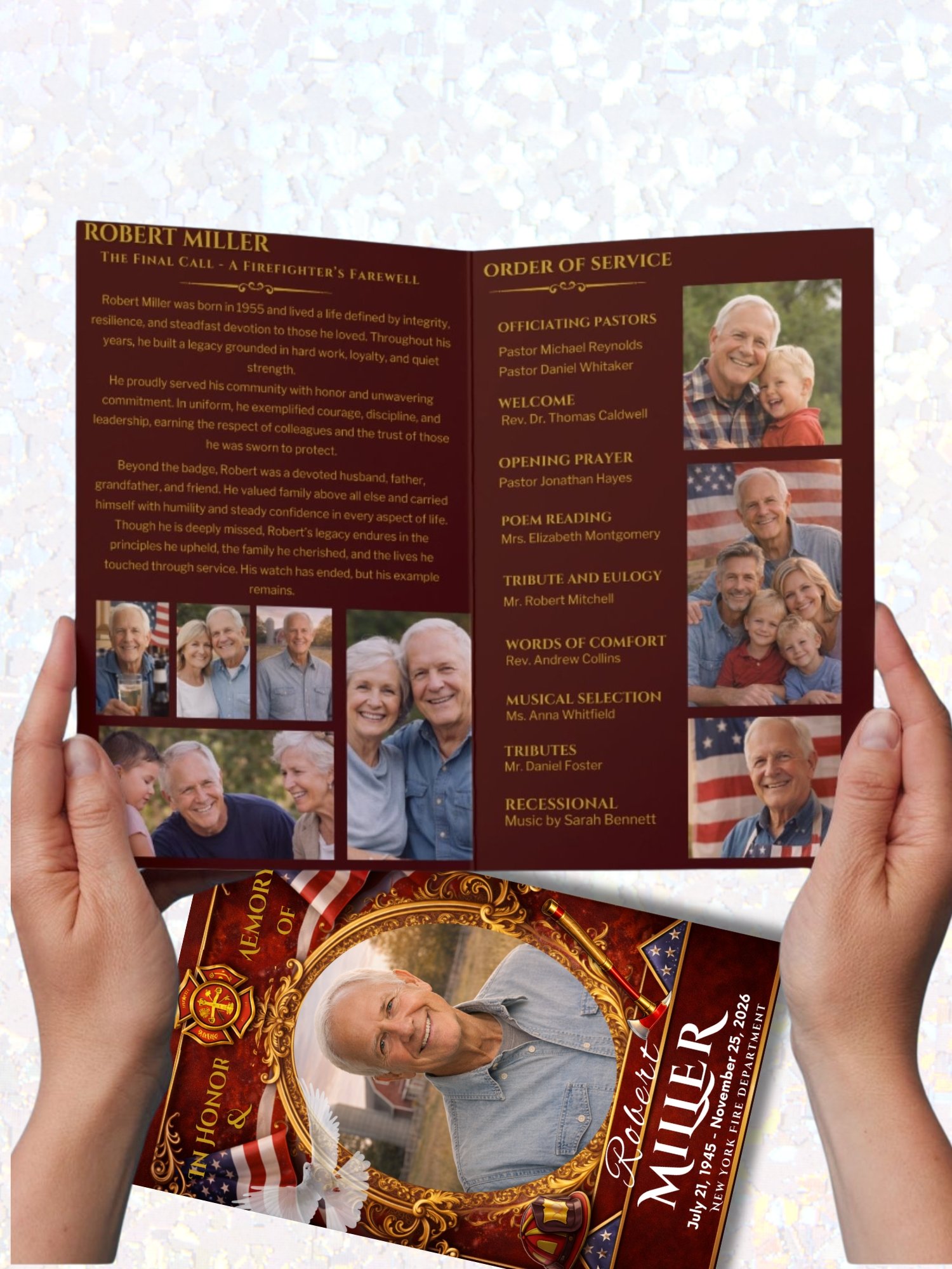 Firefighter Funeral Program Template | 4 Page Bifold Memorial | Thin Red Line Fire Dept Tribute | Editable Star of Florian Design product image (3)