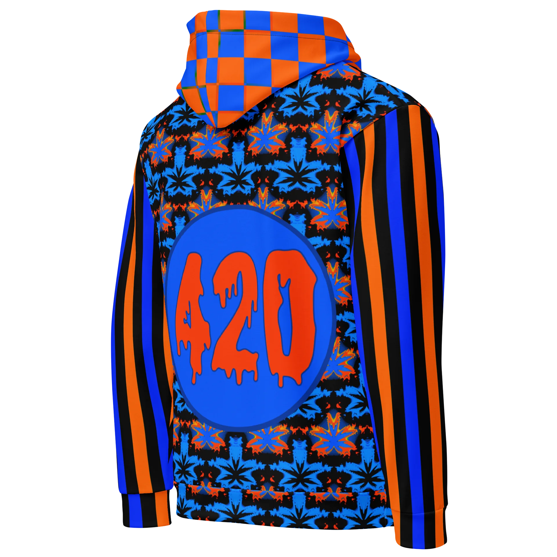 Blue Orange Black Cannabis Art 420 Hoodie, Checker Circus Stripe Clowncore Fashion, Weed Leaf Fall Festival Wear, Retro Rave Stoner Clothing product image (6)