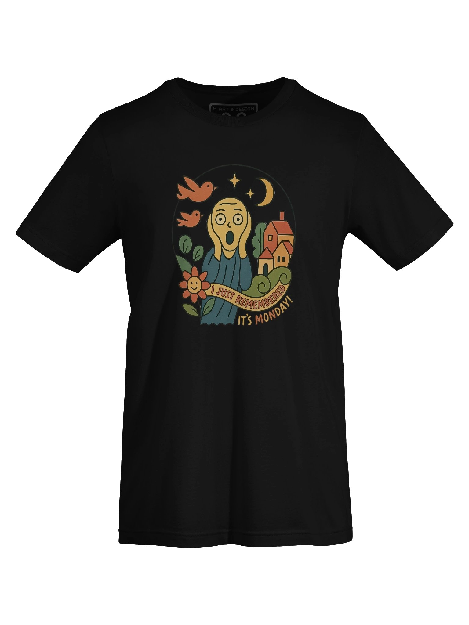 Whimsical Folk Village T-Shirt – Birds, Stars & Cozy Nightscape - by M-Art & Design product image (7)