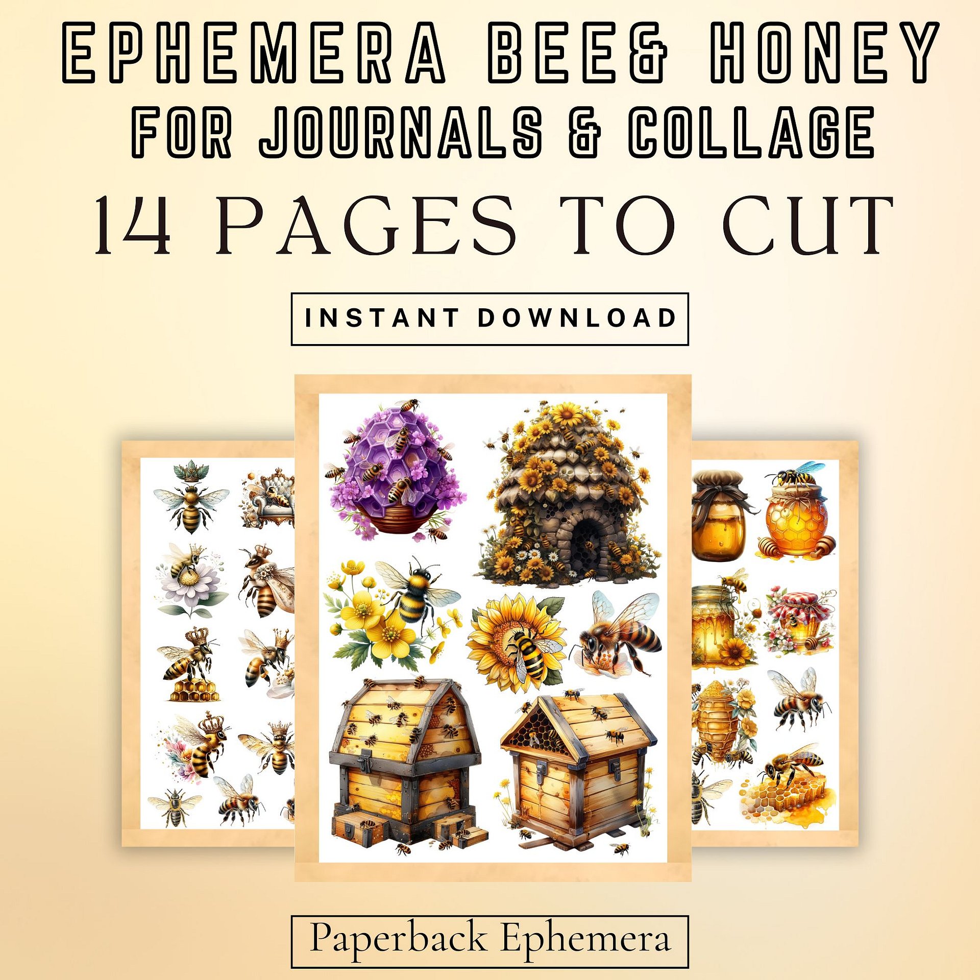 Vintage Bee & Honey Ephemera Printable PDF – 12 Junk Journal Collage Pages product image (4)