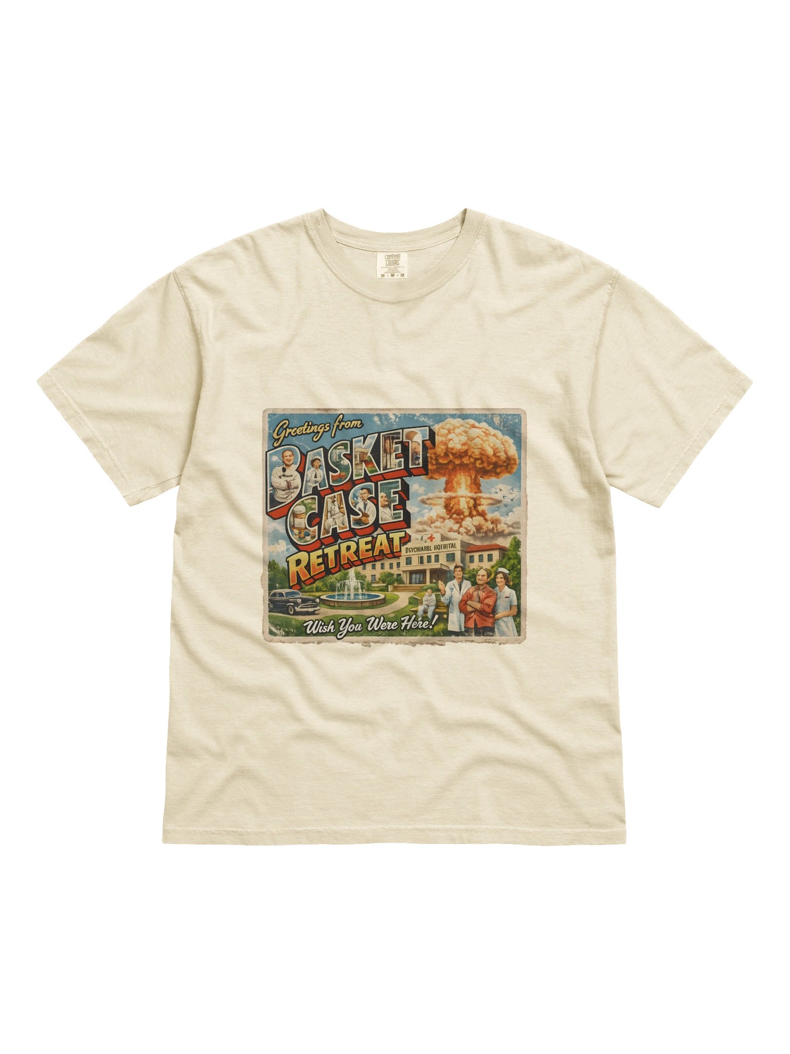Basket Case Retreat Tee – 90s Retro Apocalypse Postcard Shirt product image (2)