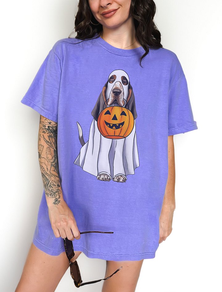 Basset Hound(Tricolor) Halloween Tee | Funny Halloween Basset Hound Wearing Ghost Costume with Pumpkin Basket product image (2)