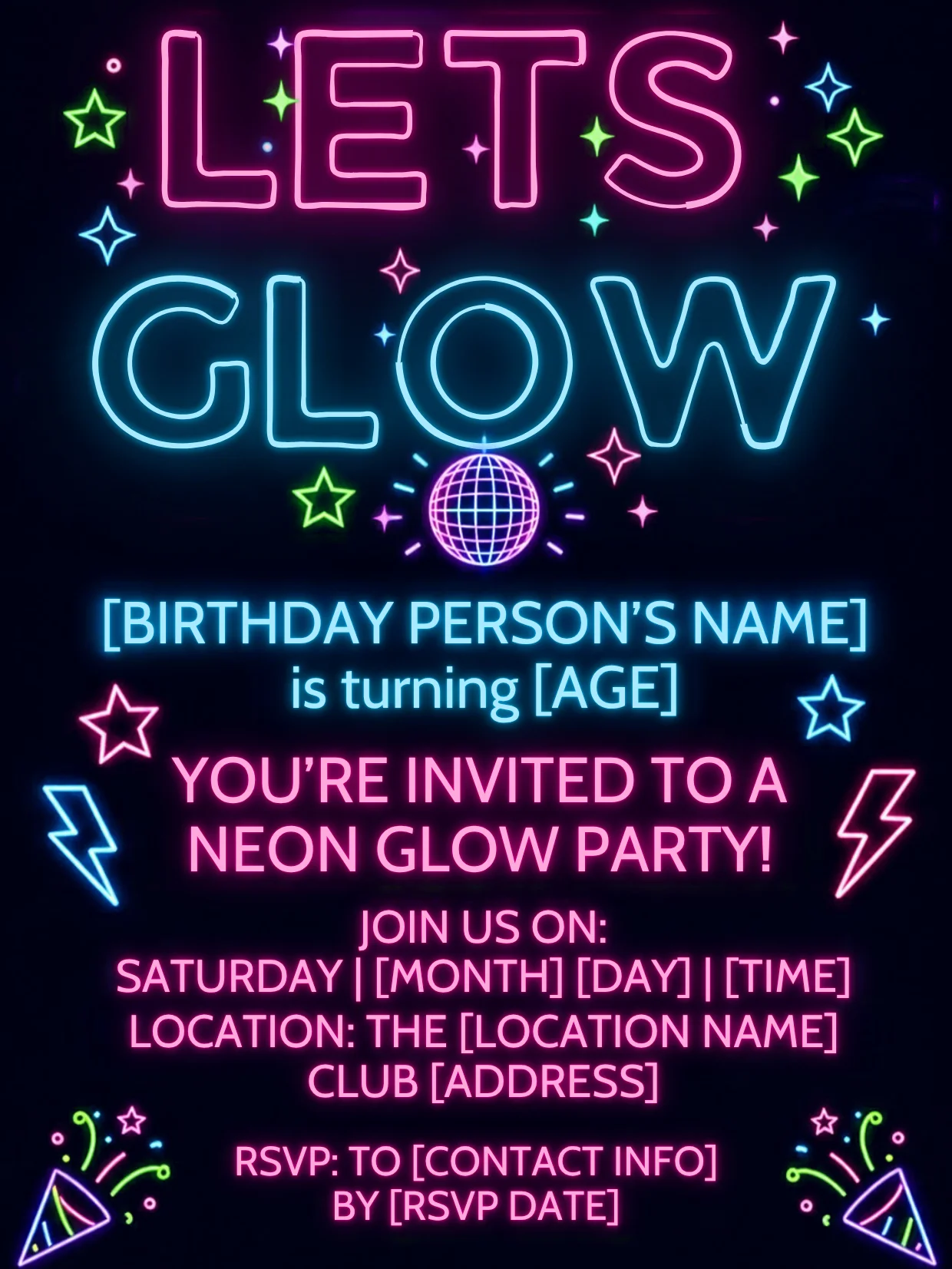 Neon Glow Birthday Invitation Template, Editable Teen Glow Invite, Printable Party, Canva Instant Download Digital product image (2)