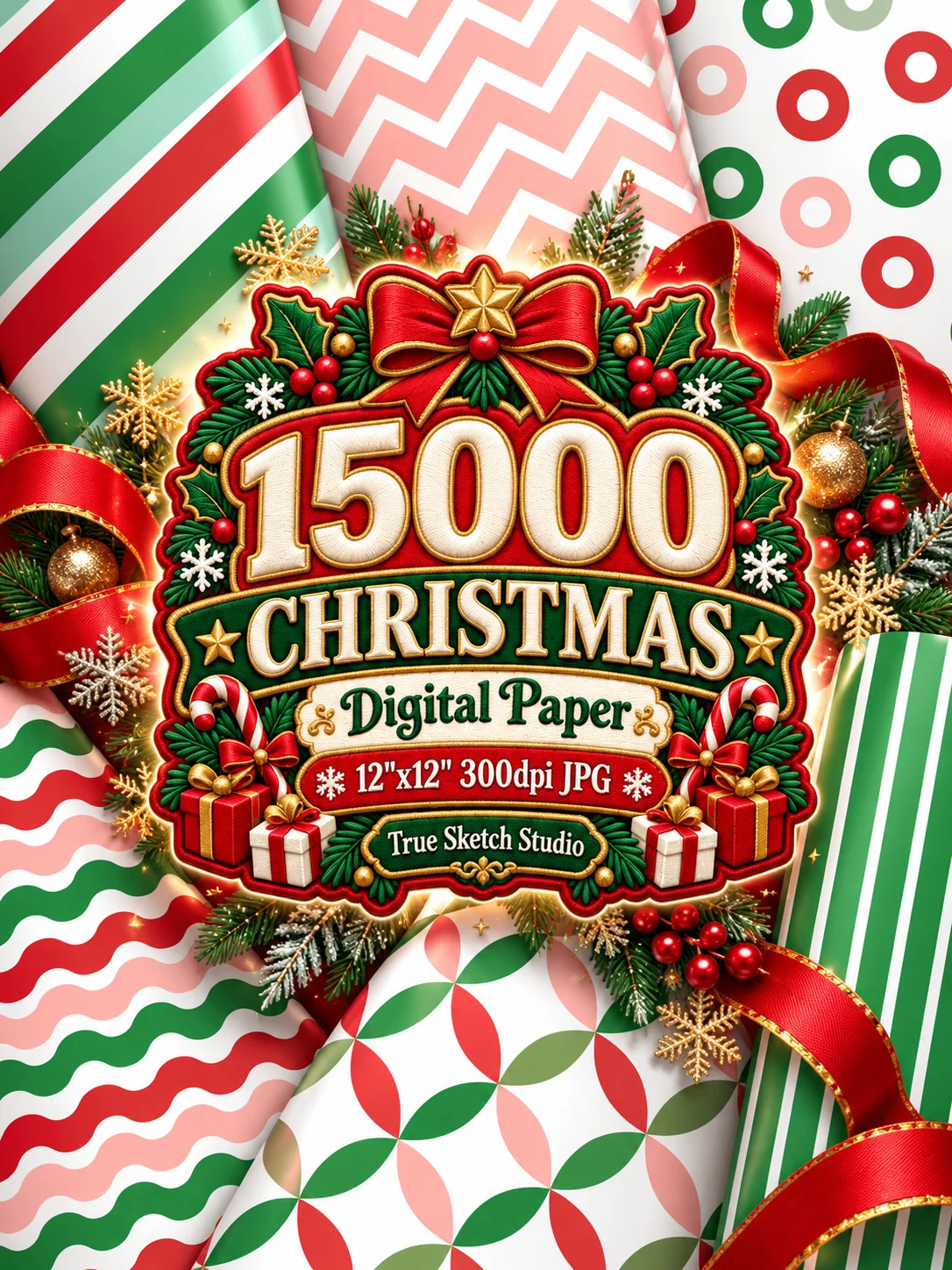 15000 Christmas Digital Paper Bundle, 12x12 JPG, Holiday Scrapbook Paper, Xmas Backgrounds, Printable Pattern Mega Bundle product image (9)