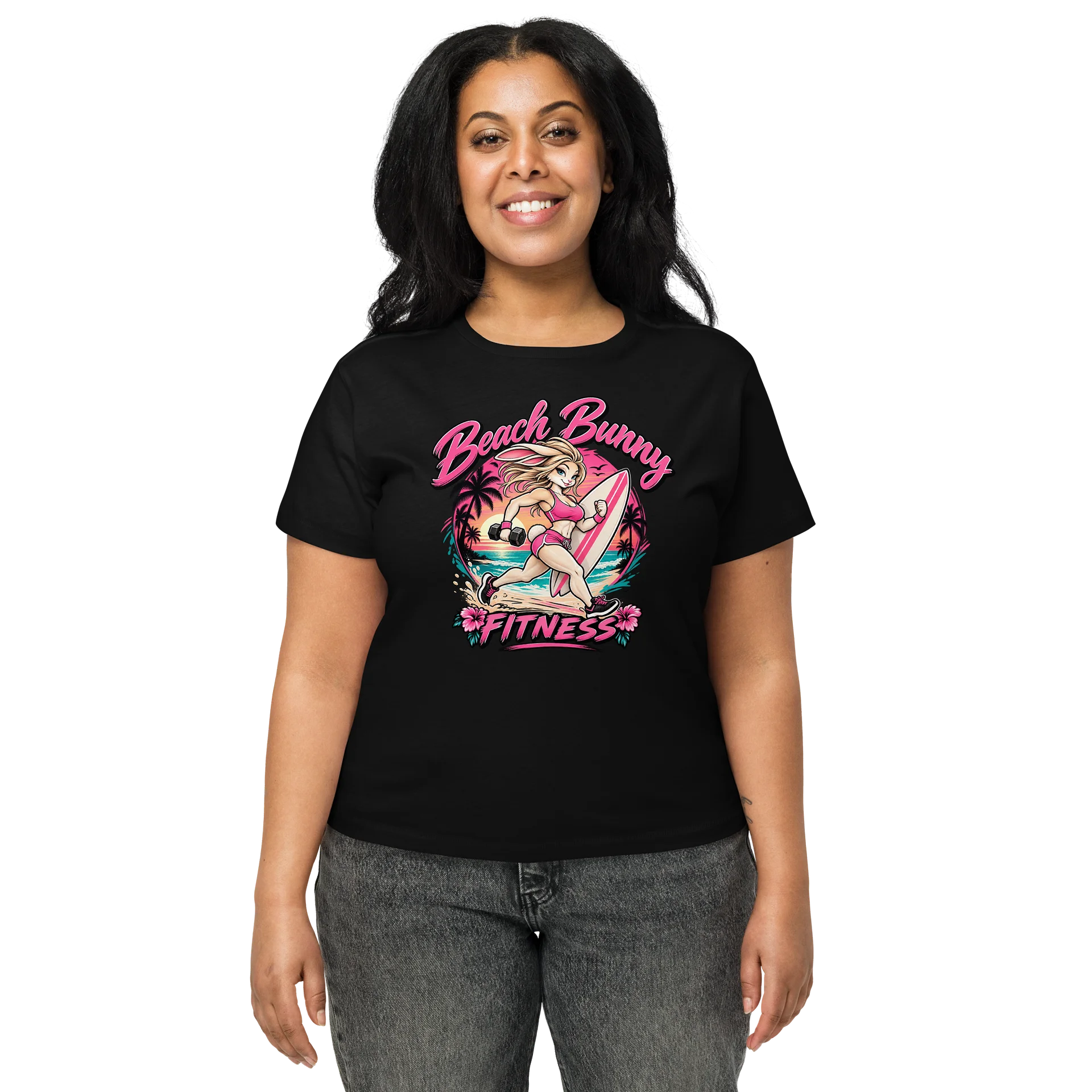 Beach vibes meet gym life. The Beach Bunny Fitness Classic Tee features our signature athletic Beach Bunny design with a bold tropical sunset and vibrant pink style. Made for workouts, beach days, or product image (1)