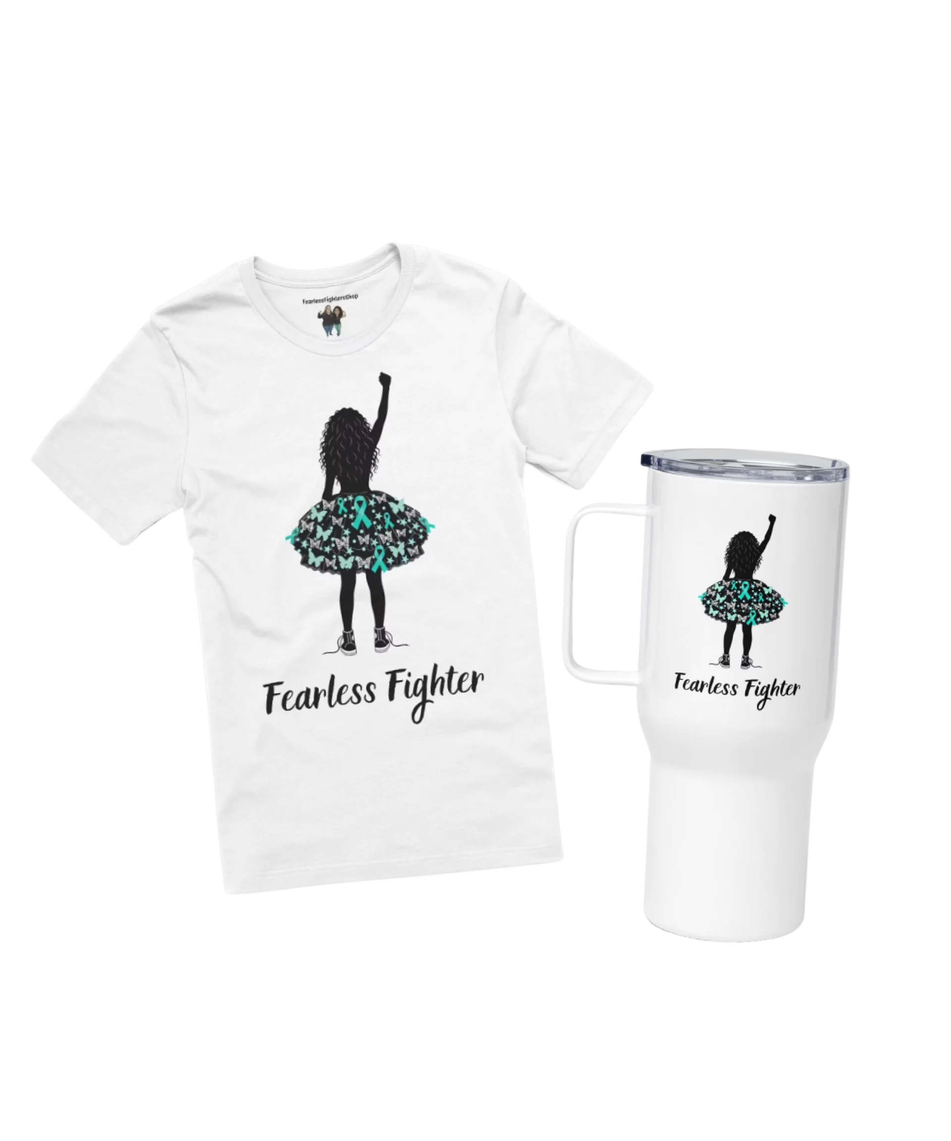 Ovarian Cancer - Fearless Fighter White T-Shirt & 40 oz Travel Mug Bundle product image (1)