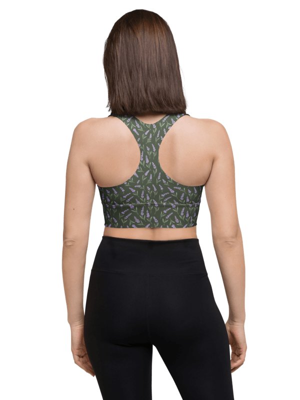 All-Over print recycled longline sports bra with lavender pattern on green background product image (2)