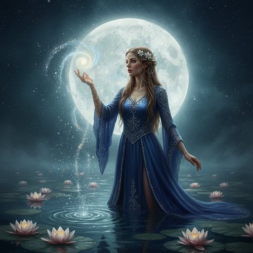She stirs the stars with gentle hands. Moonlight and water whisper secrets here. 

Is she a dream, or the memory of a goddess...