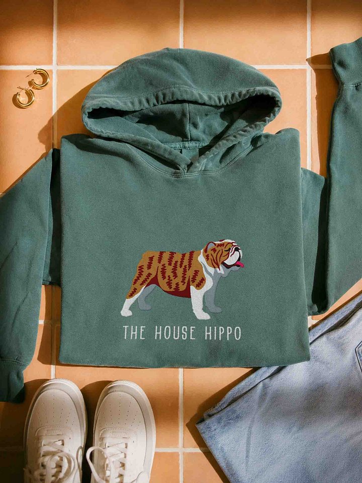 The House Hippo Premium Hoodie (Embroidered) of an English Bulldog(Brindle & White) product image (1)