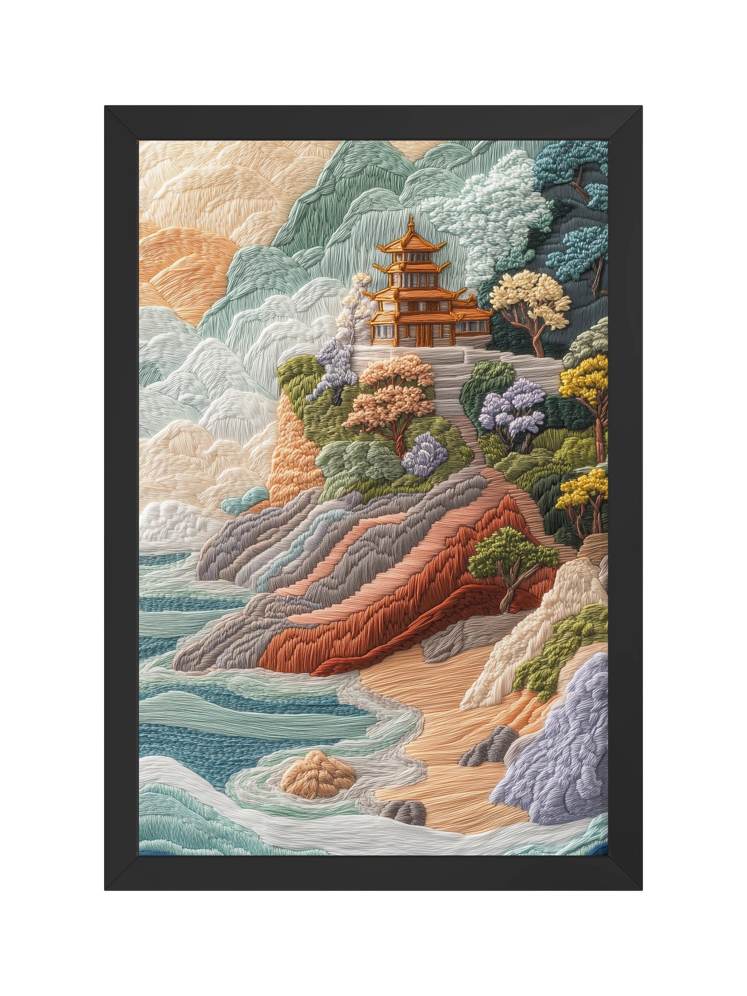 Where Bali Meets the Sea | Embroidery-Style Wall Art — Framed Print product image (1)