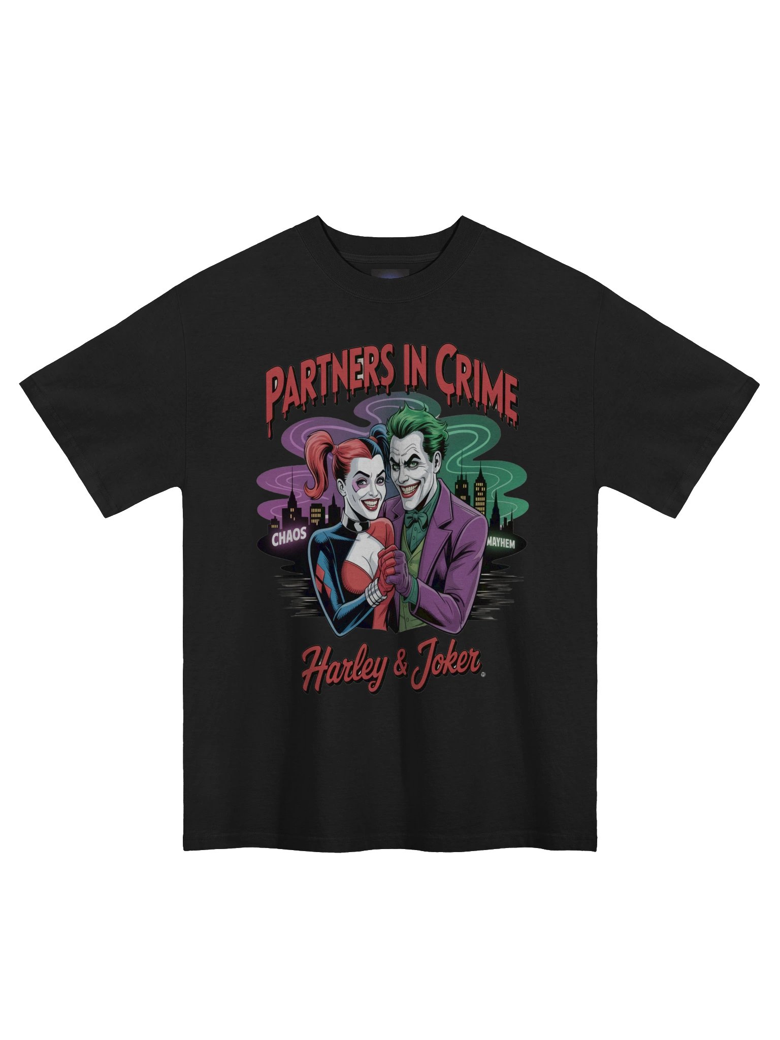 Partners in Crime: Harley Quinn & Joker Shadowed Shenanigans Oversized Faded Unisex T-Shirt product image (3)