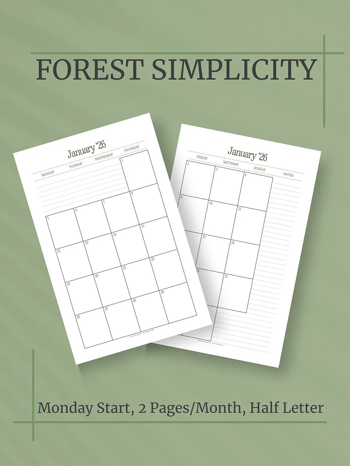 Forest Simplicity 2026 Calendar - 2 Pages per Month, Monday Start, Half Letter Size product image (1)