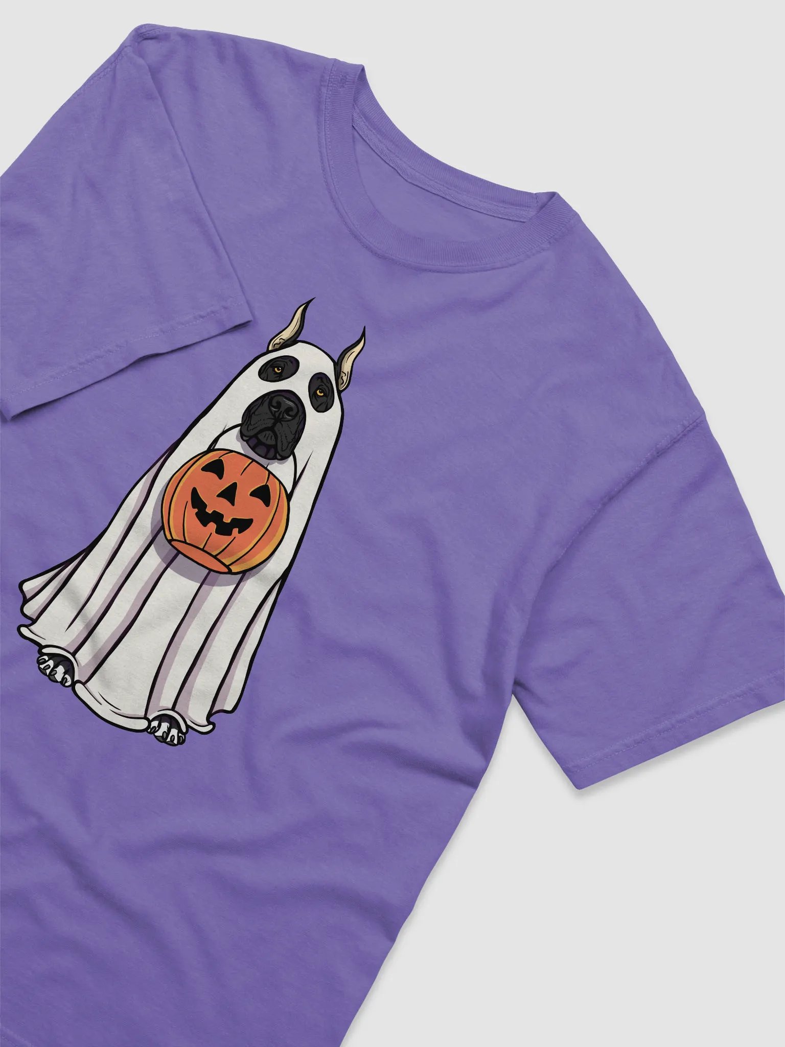 Funny Halloween Great Dane(Cropped Ears, Black) T-Shirt | Funny Great Dane Wearing a Ghost Costume and Holding a Pumpkin Basket product image (6)