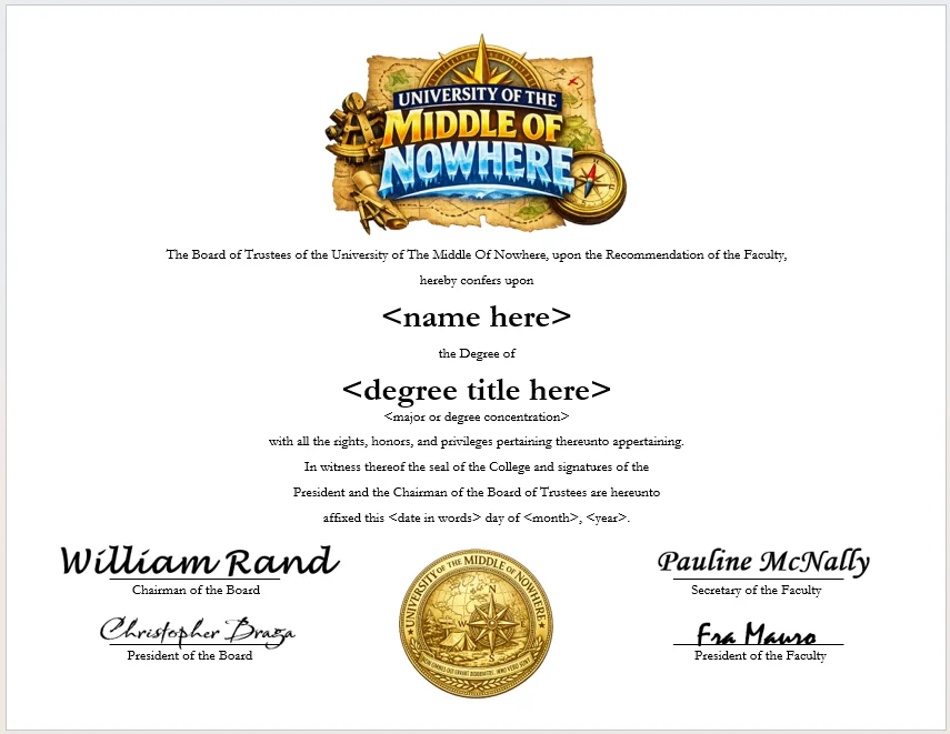 University of The Middle Of Nowhere degree parchment product image (1)