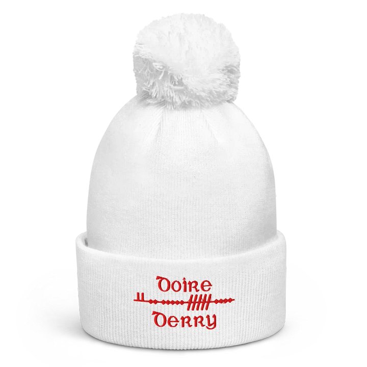 Derry/Doire Scholastic Ogham, white with red, embroidered Pom-Pom Beanie product image (1)