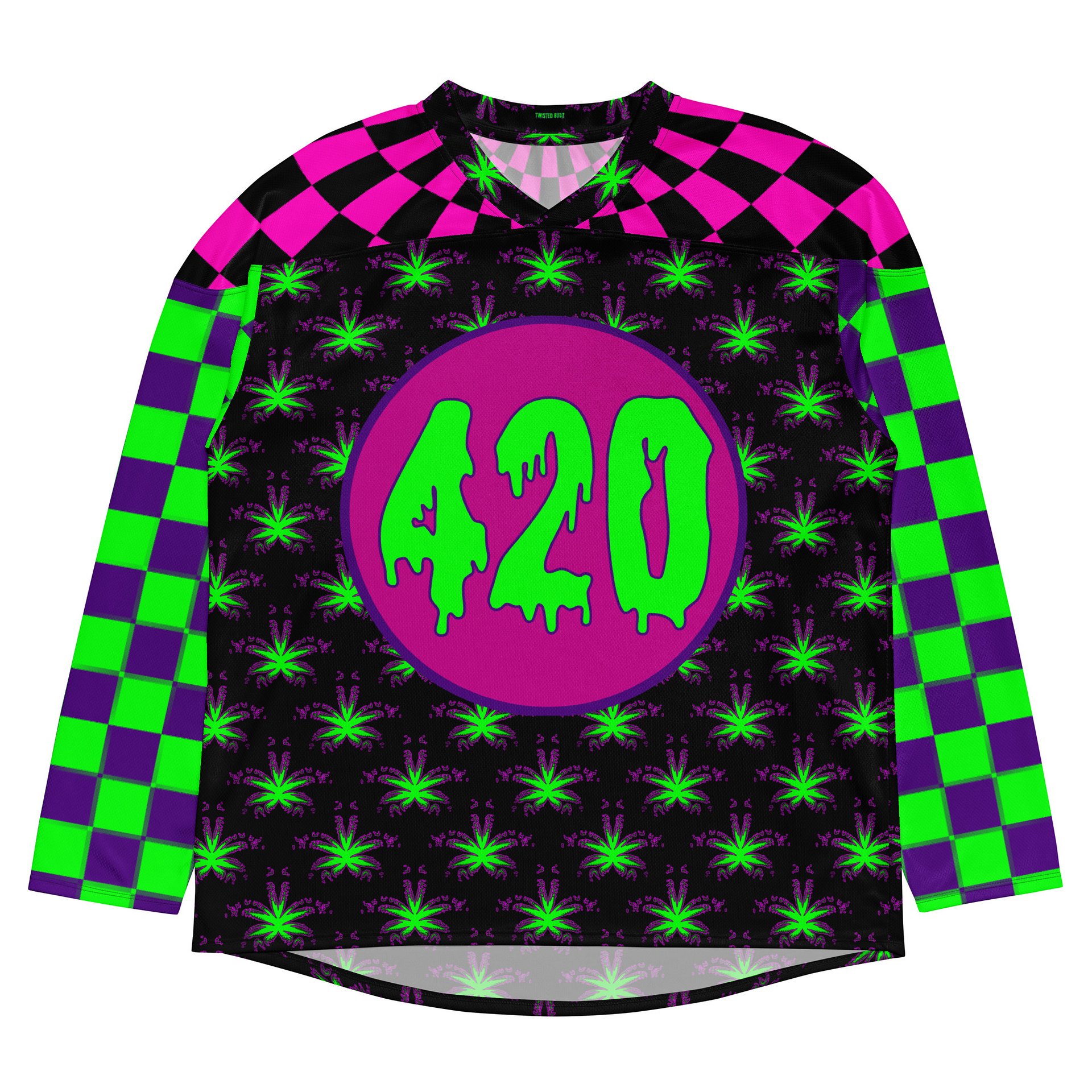 Cannabis 420 Hockey Jersey, Pot Leaf Stoner Clothes, Weird Weed EDM Rave Shirt, Neon 90s Checkers Retro Fashion, Alt Techno Dance Party Wear product image (3)