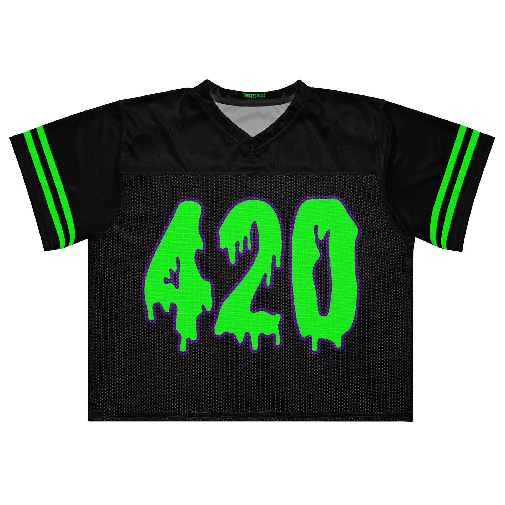 Black Neon Green 420 Football Jersey, Cannabis Rave Shirt, Twisted Weed EDM Top, Goth Stoner Clothes, Alternative Music Festival Fashion product image (1)