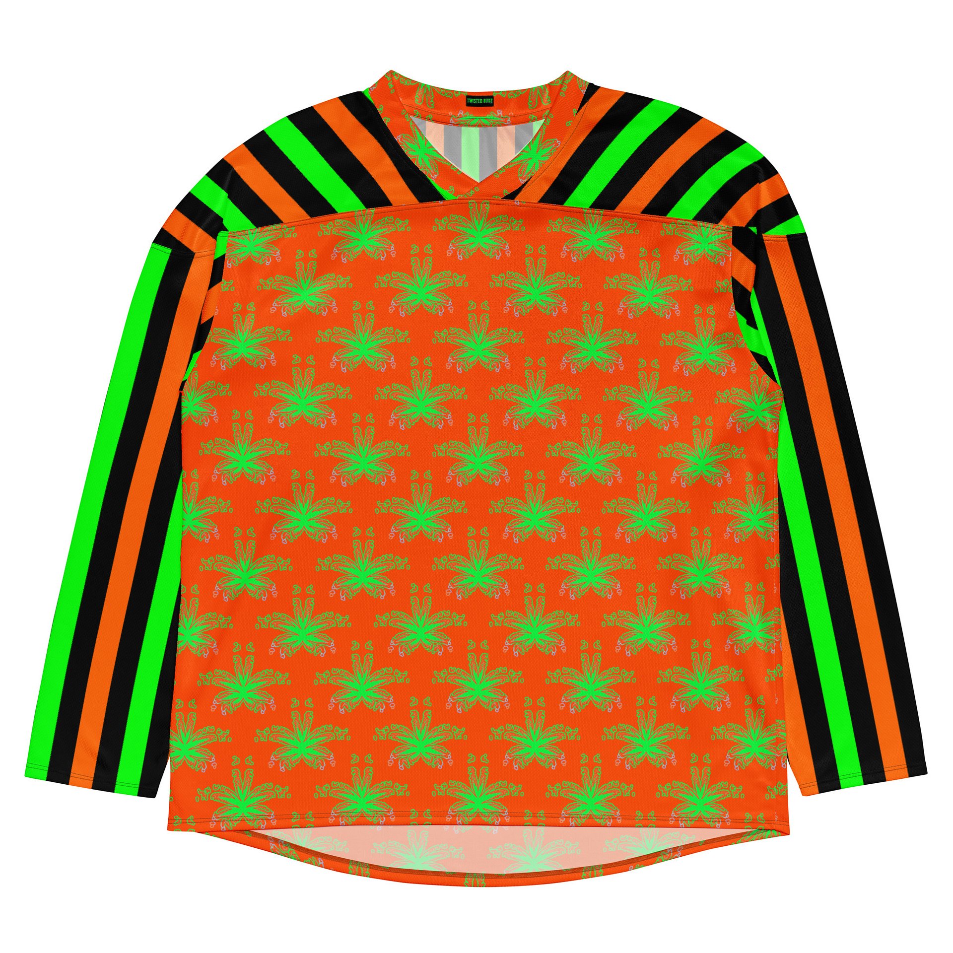 Weed Halloween Hockey Jersey, Cannabis 420 EDM Shirt, Pot Leaf Festival Ravewear, Green Orange Black Stoner Circus Stripe Clowncore Clothing product image (4)