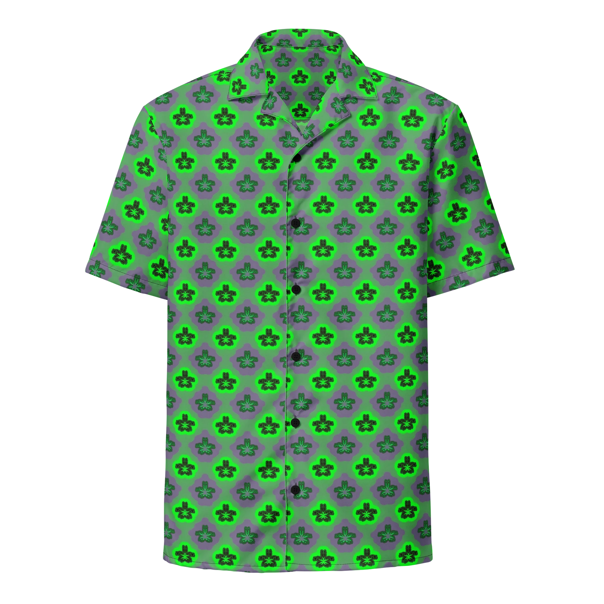 Neon Green Purple Cannabis Button-Down Unisex Shirt, Weird Weed Leaf Art 420 Festival Fashion product image (1)