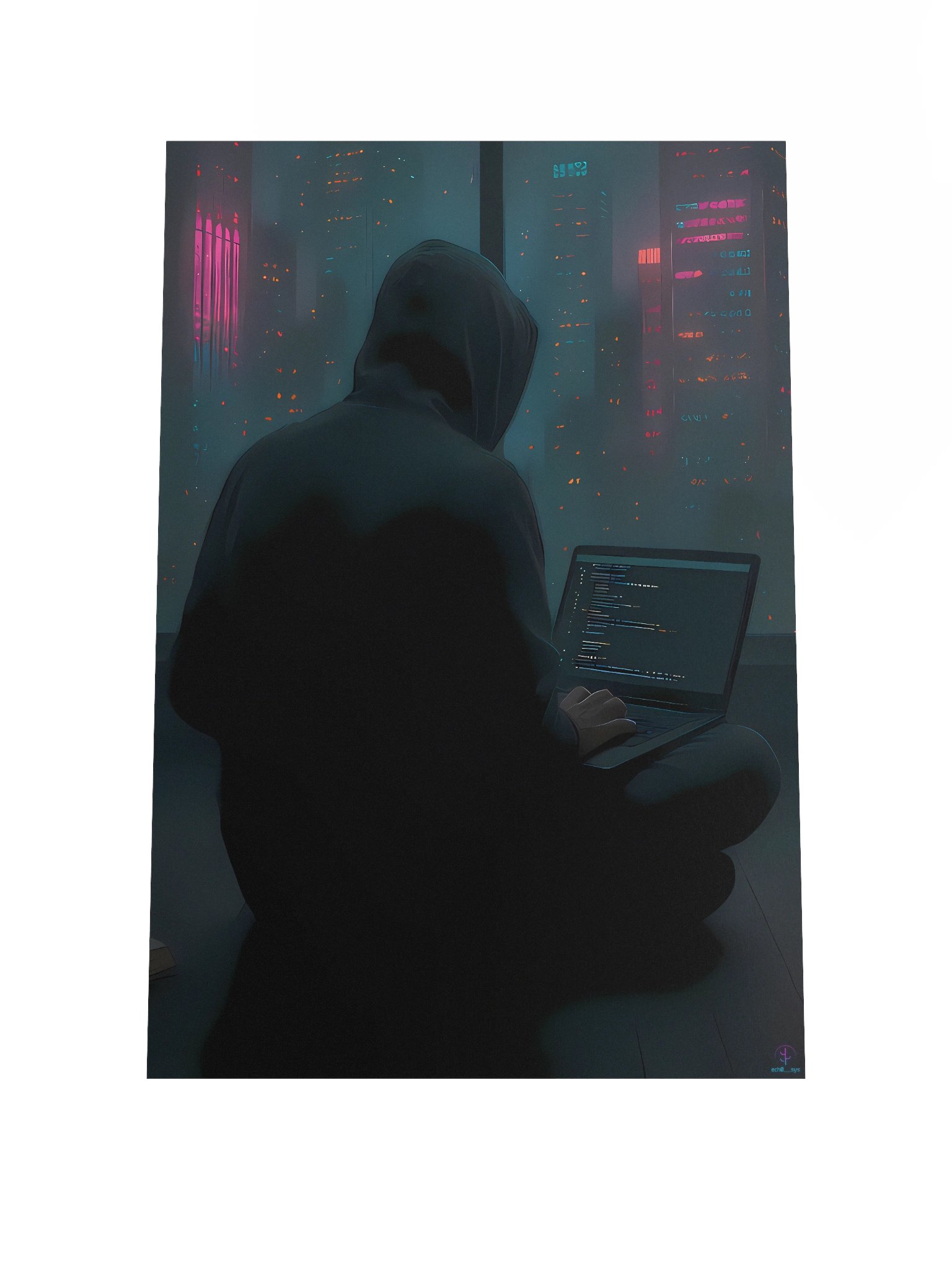 Cyberpunk Hacker Poster - Futuristic Coder Wall Art with Neon Cityscape (12x18", 20x30", 24x36") product image (1)