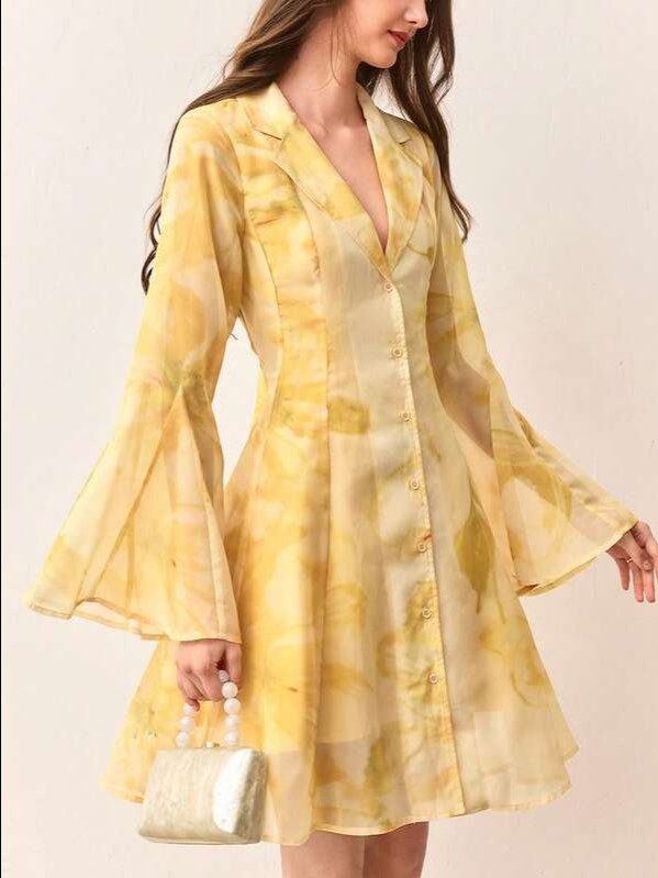 BELROSIE Tie Dye Floral Print Chiffon Collared A-Line Short Dress Dinner Brunch Vacation Garden Party Tea Party Tea Date Birthday Autumn Elegant Romantic product image (7)
