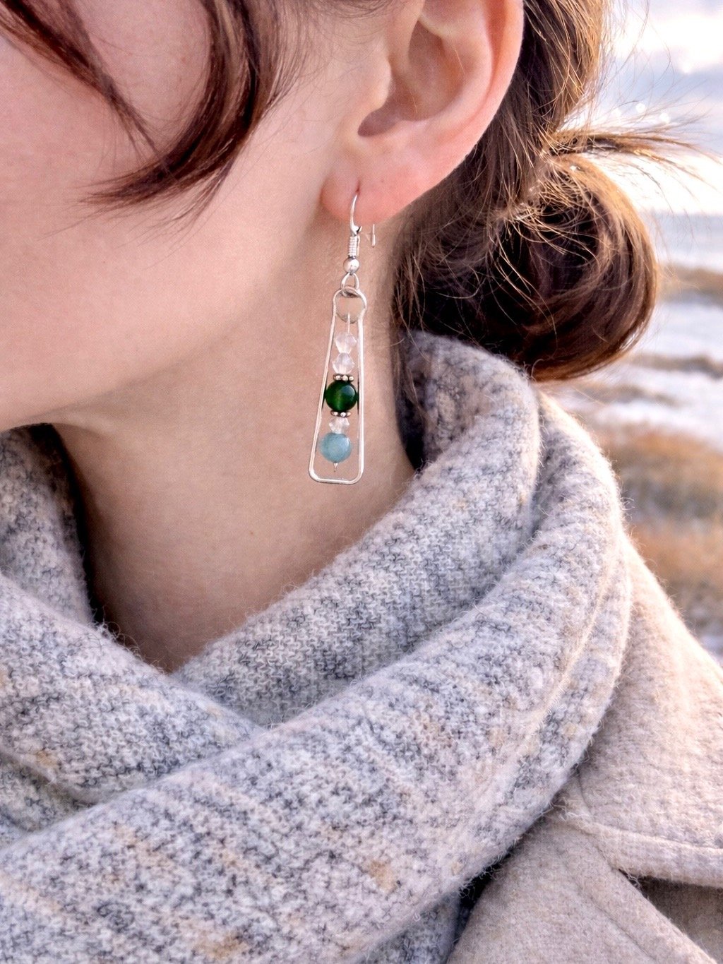 MFD-00305 | March Light Earrings | Aqua & Jade Colored Semi-Precious Bead Earrings – March or May Birthday Jewelry | Sterling Silver Hooks product image (1)