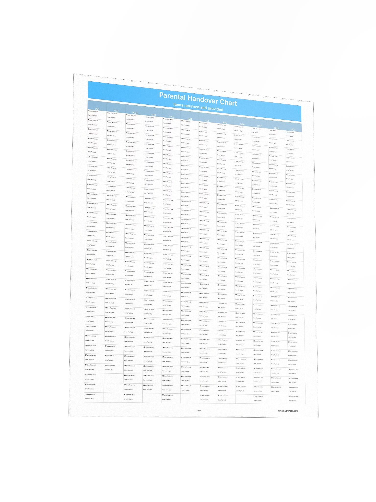 Parental Handover Chart ( 1 Year ) product image (4)